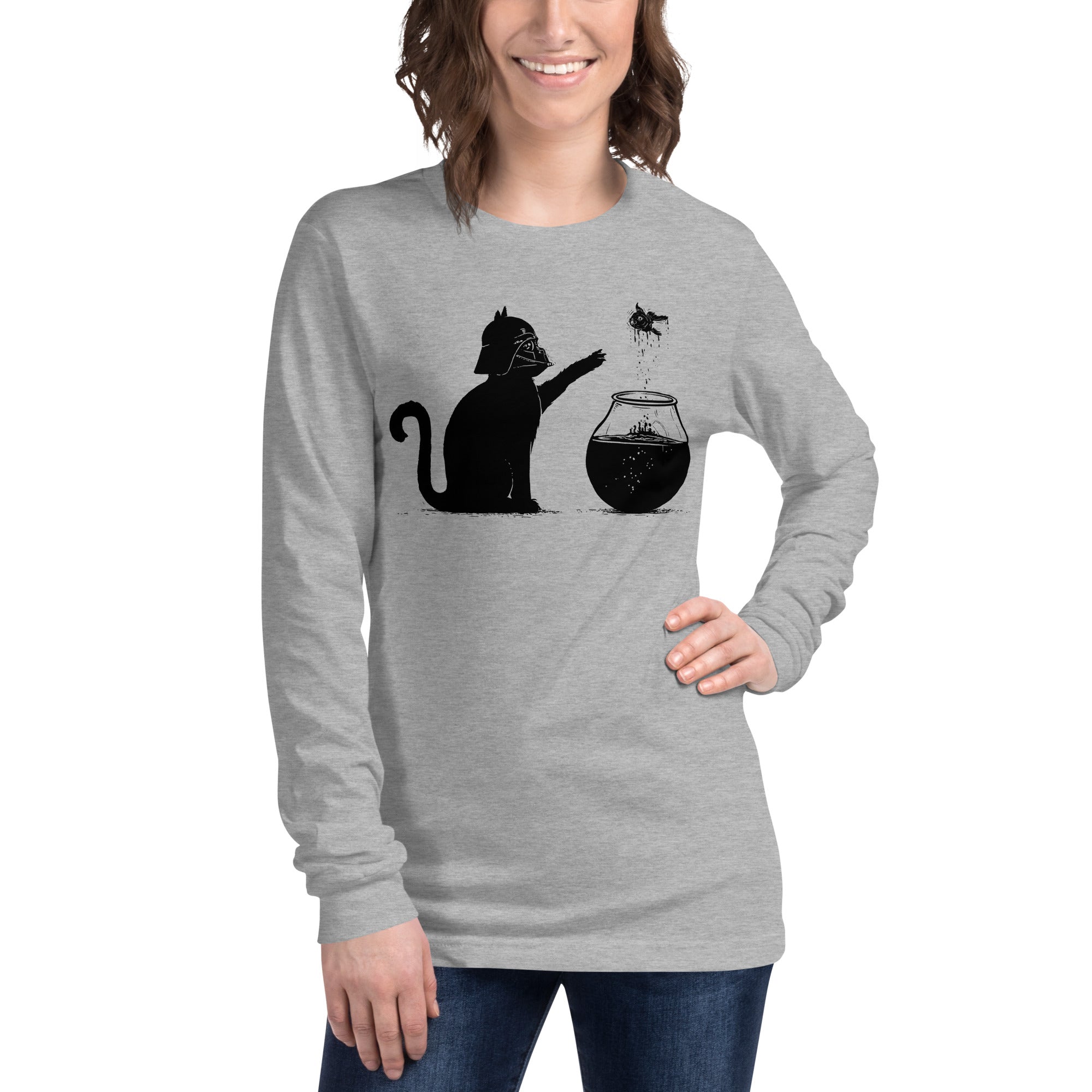 All Too Easy Funny Graphic Long Sleeve Tee | Designer Cat Fish Darth Tee On Model | Solid Threads