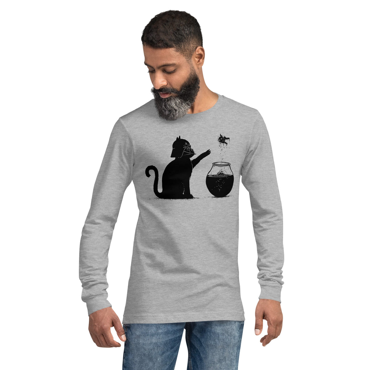 All Too Easy Funny Graphic Long Sleeve Tee | Designer Cat Fish Darth Tee On Model | Solid Threads