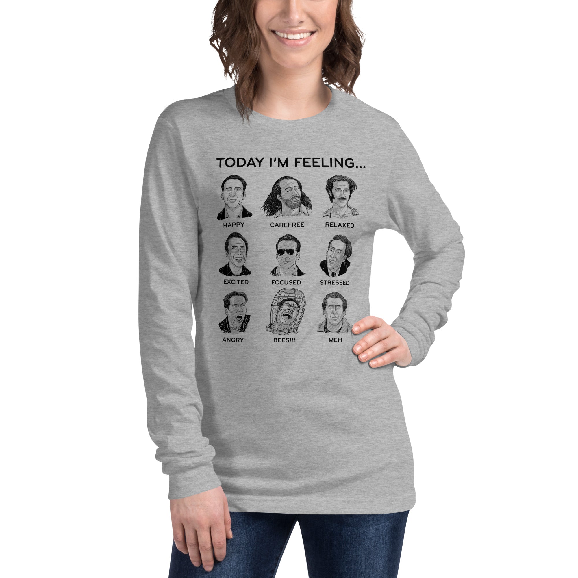 Nicolas Cage Mood Board Funny Graphic Long Sleeve Tee | Cool Faces Today Tee On Model | Solid Threads