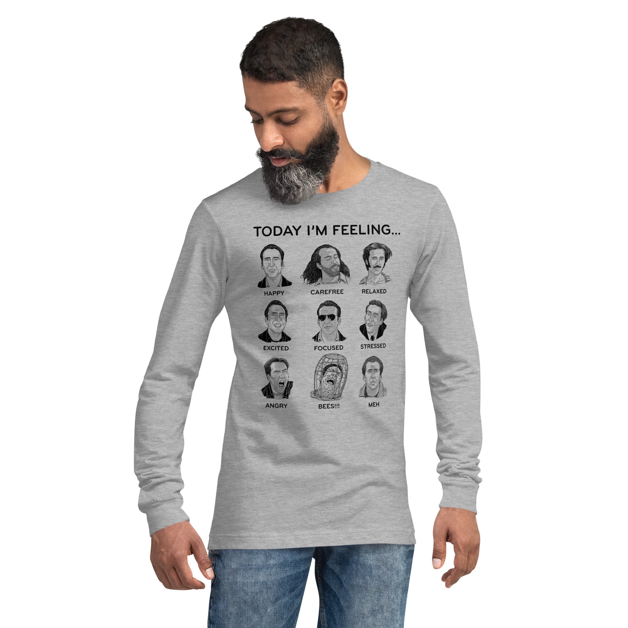 Nicolas Cage Mood Board Funny Graphic Long Sleeve Tee | Cool Faces Today Tee On Model | Solid Threads