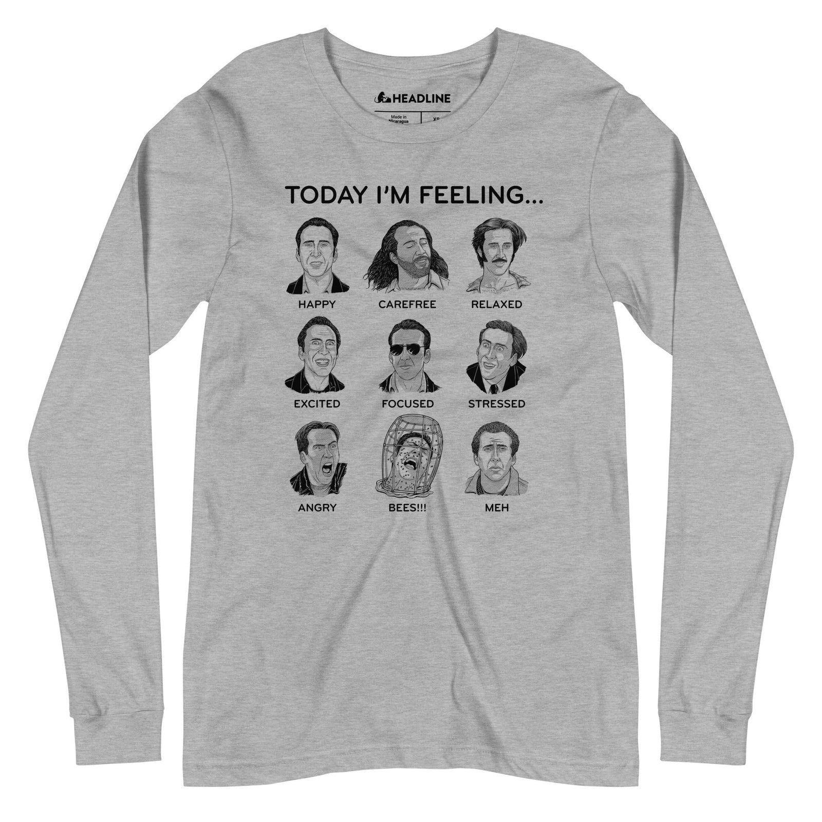 Nicolas Cage Mood Board Funny Meme Graphic Long Sleeve Tee | Cool Faces Today Tee | Solid Threads