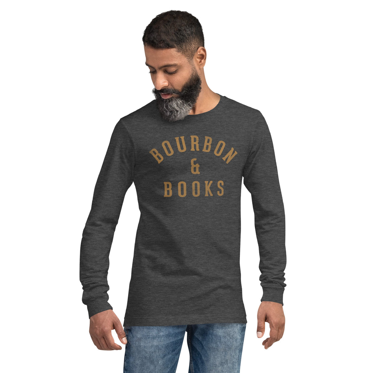 Bourbon & Books Funny Graphic Long Sleeve Tee | Vintage Whiskey Bookish Tee On Model | Solid Threads