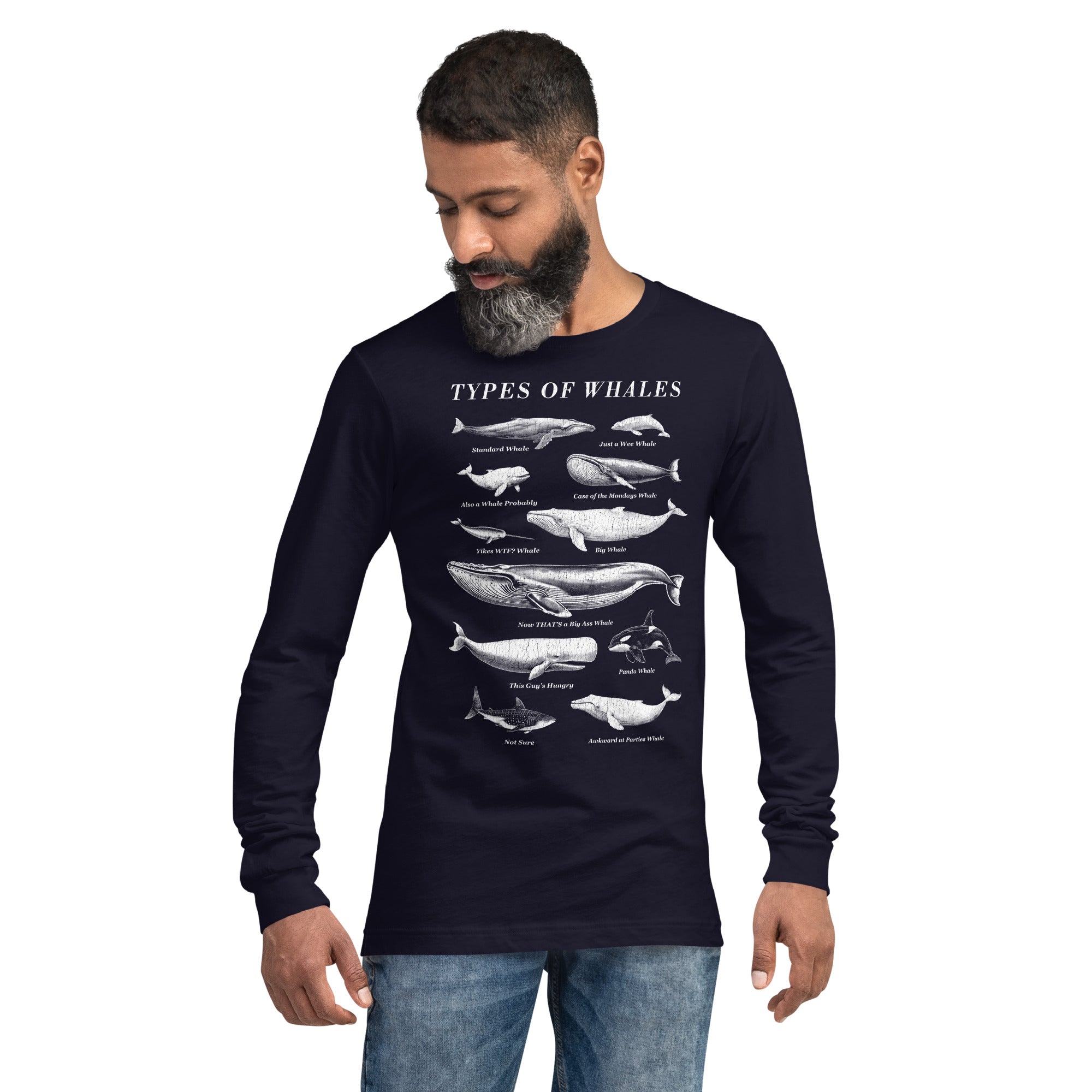  Types Of Whales Funny Marine Life Graphic Long Sleeve Tee | Vintage Chart Nature Tee on Model | Solid Threads