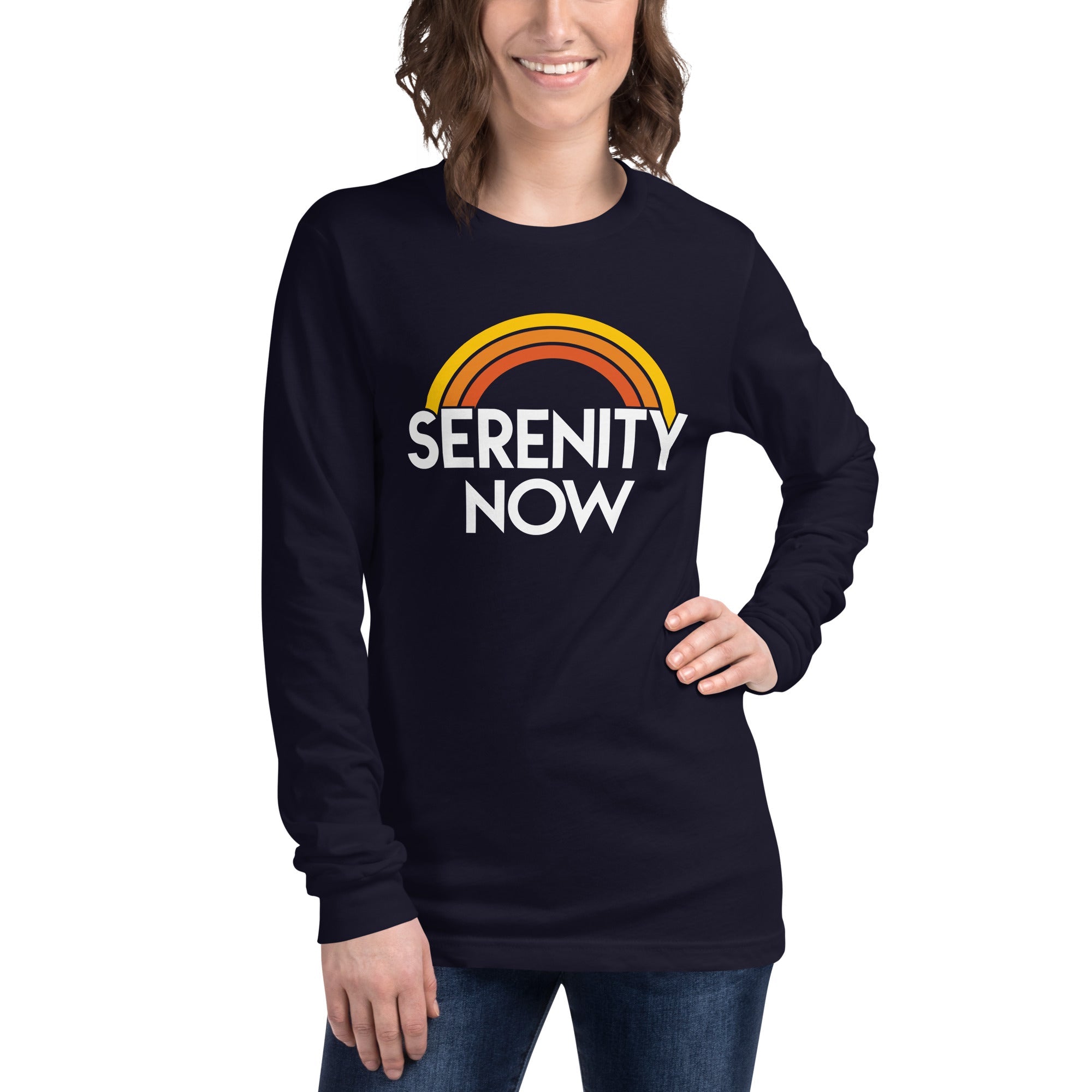 Serenity Now Designer Graphic Long Sleeve Tee | Cool Rainbow Meditation Tee On Model | Solid Threads