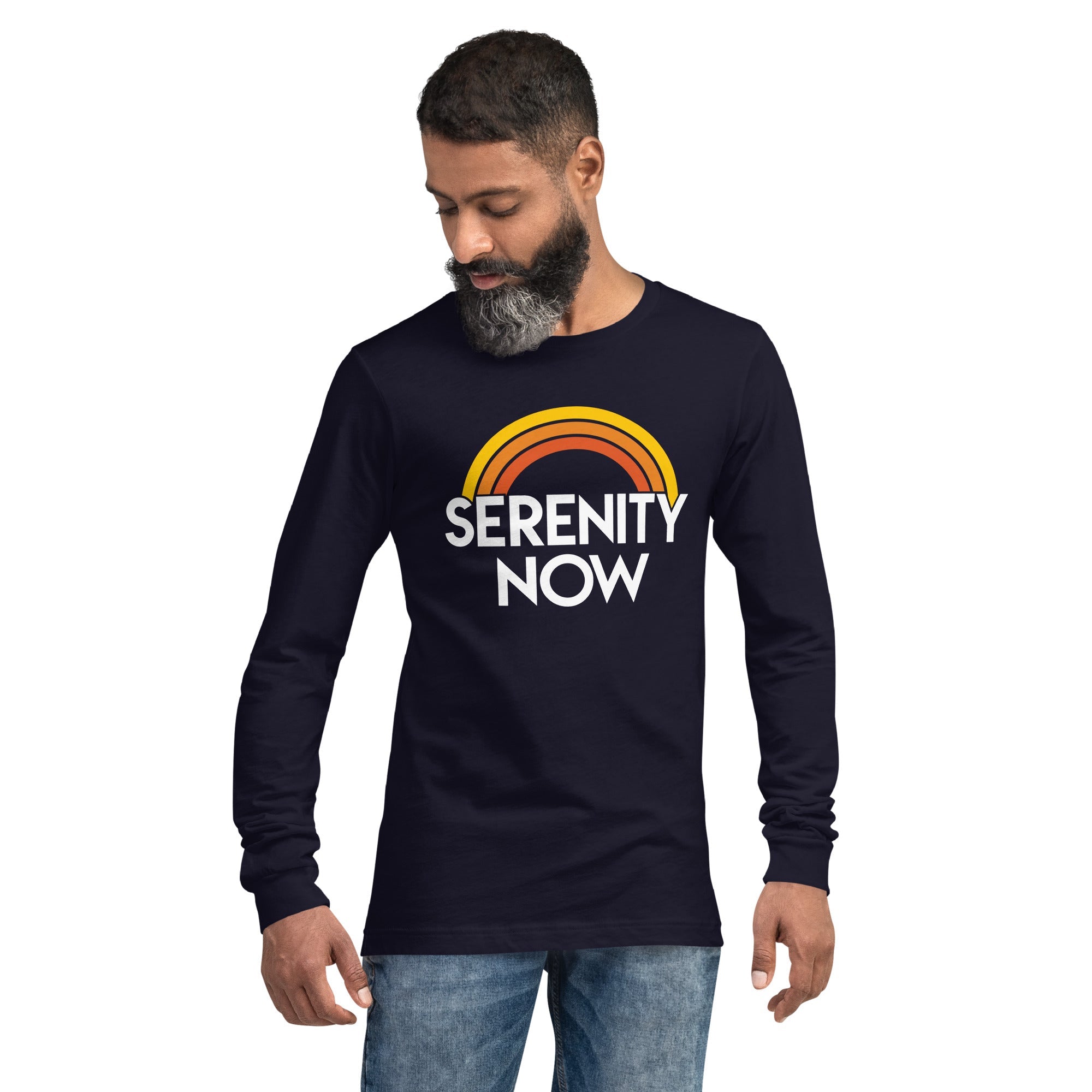 Serenity Now Designer Graphic Long Sleeve Tee | Cool Rainbow Meditation Tee On Model | Solid Threads