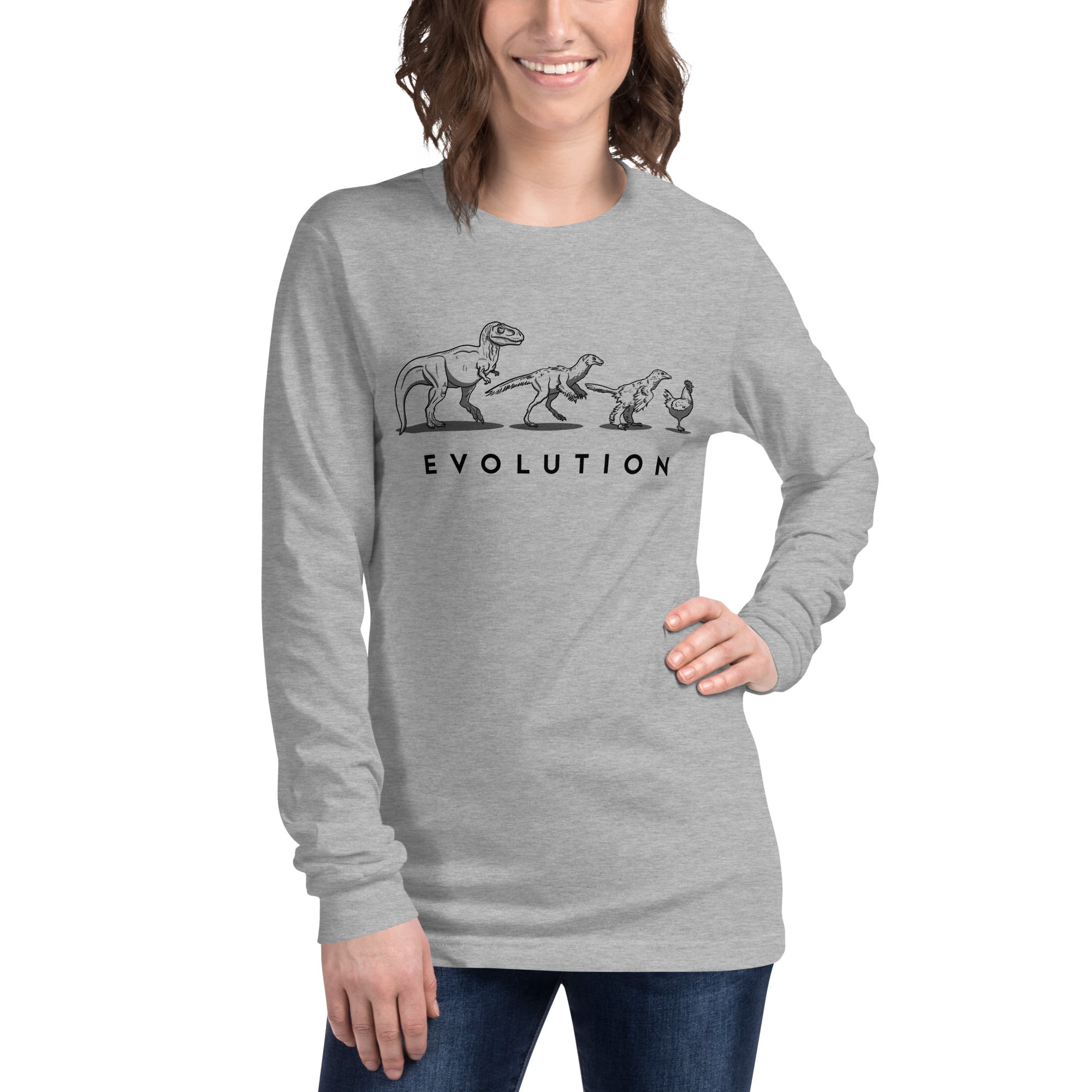 Evolution Of The Dinosaur Vintage Graphic Long Sleeve Tee | Funny T Rex Tee On Model | Solid Threads