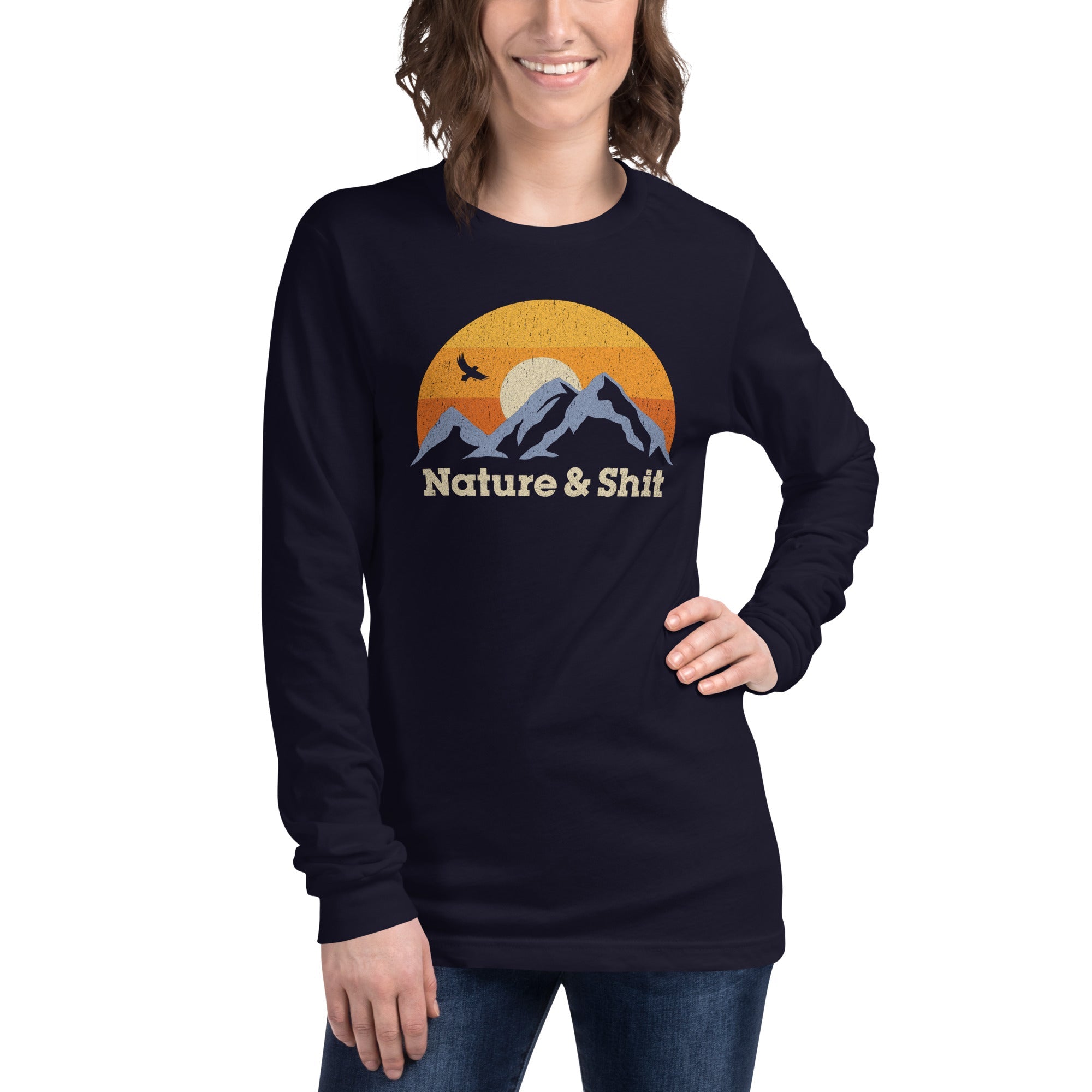 Nature & Shit Funny Outdoorsy Graphic Long Sleeve Tee | Vintage Mountain Sunset Tee | Solid Threads