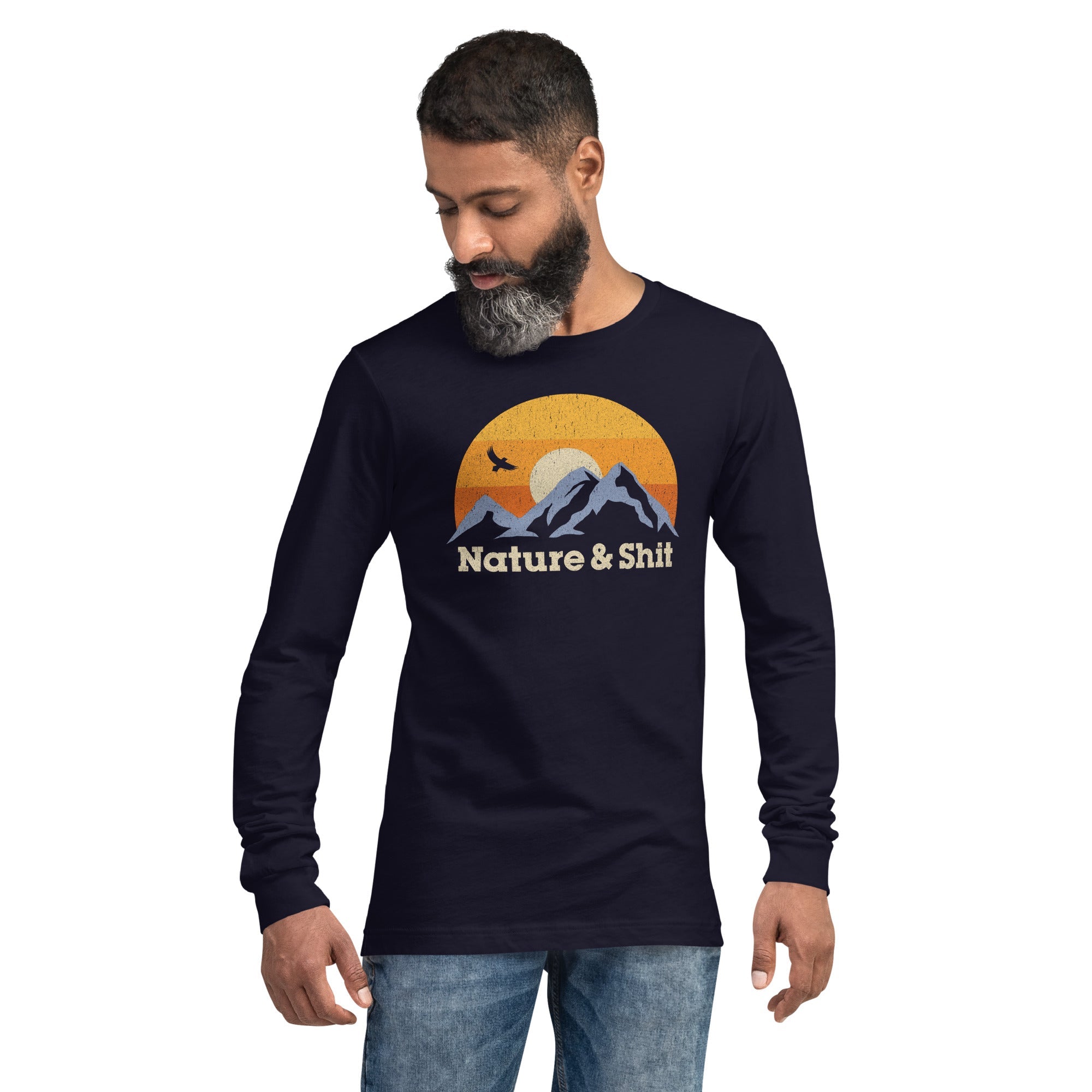 Nature & Shit Funny Graphic Long Sleeve Tee | Vintage Mountain Sunset Tee On Model | Solid Threads