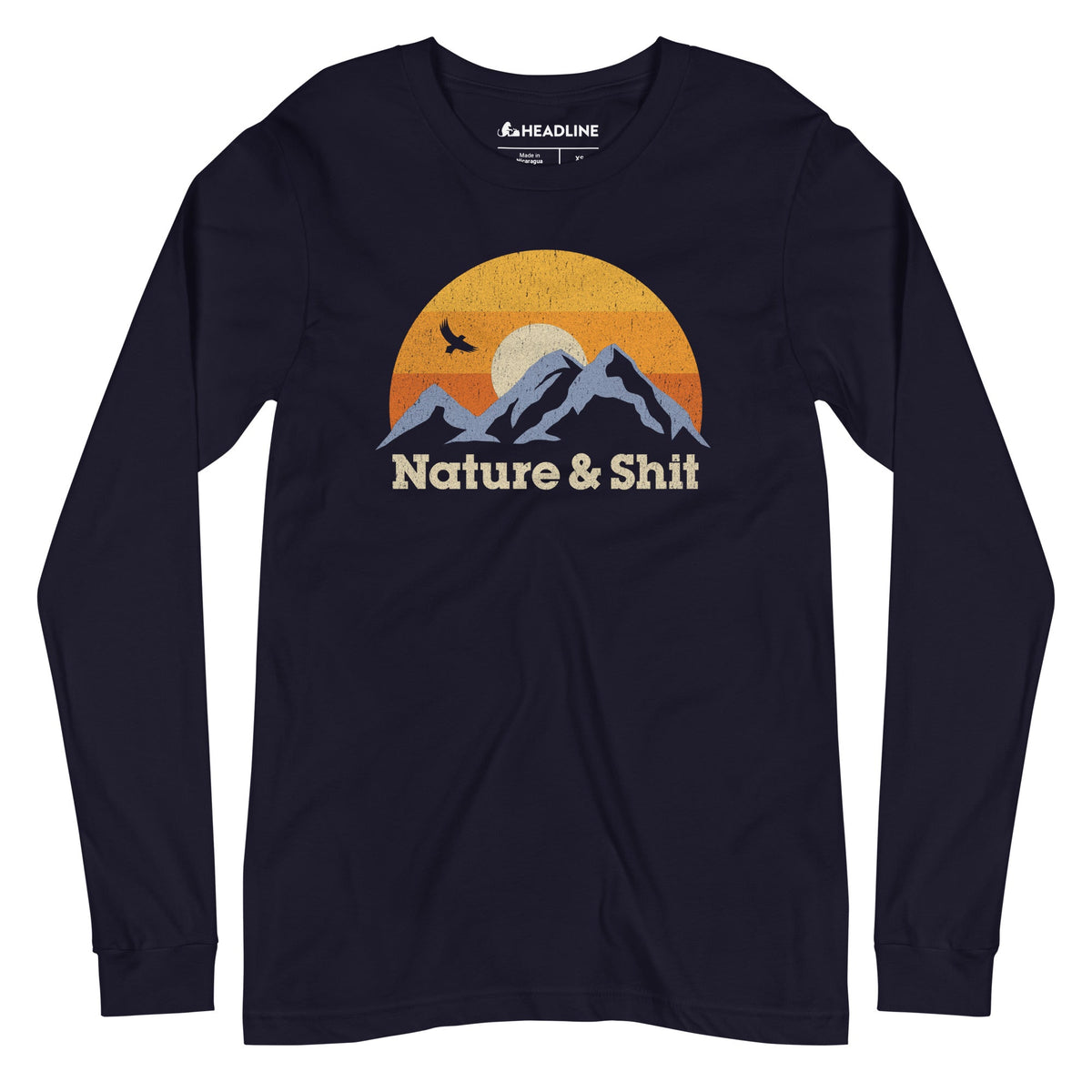 Nature &amp; Shit Funny Outdoorsy Graphic Long Sleeve Tee | Vintage Mountain Sunset Tee | Solid Threads