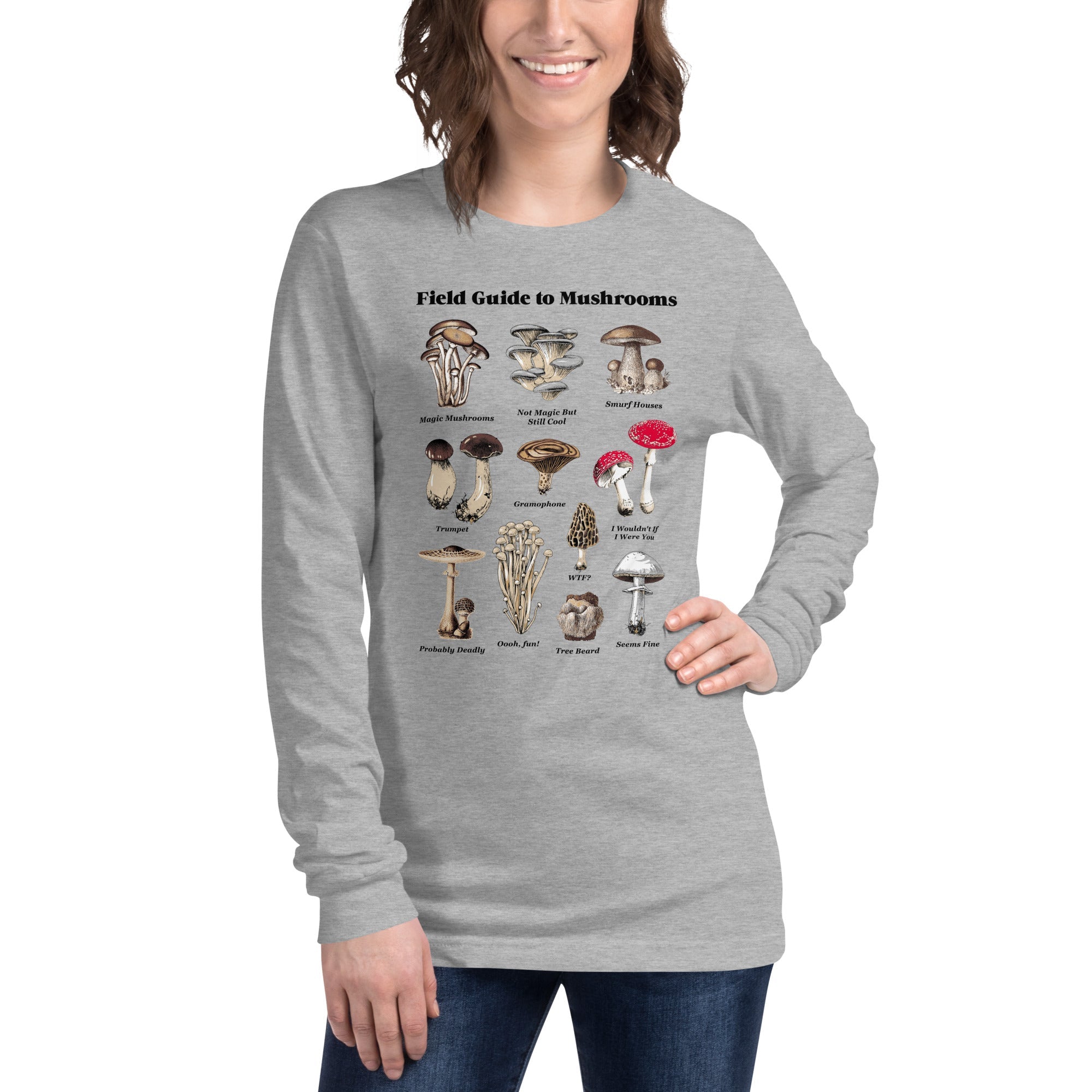 Guide To Mushrooms Vintage Graphic Long Sleeve Tee | Cool Science Chart Tee On Model | Solid Threads