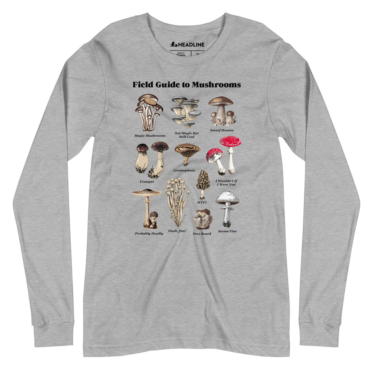 Field Guide To Magic Mushrooms Vintage Graphic Long Sleeve Tee | Cool Botany Chart Tee | Solid Threads