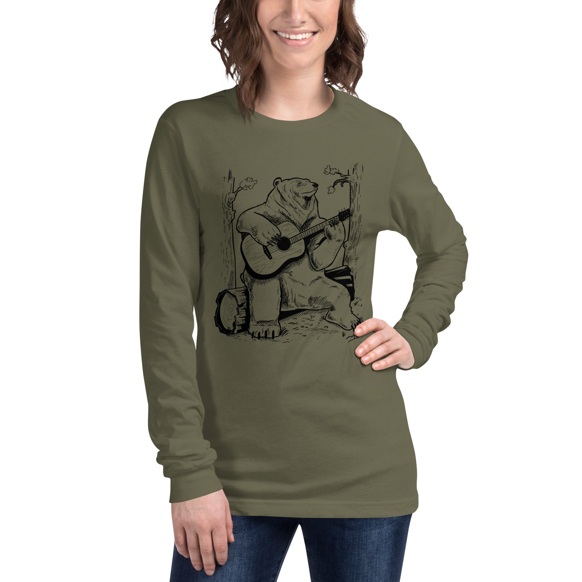 Acoustic Guitar Bear Cool Graphic Long Sleeve Tee | Designer Forest Log Camping Tee | Solid Threads