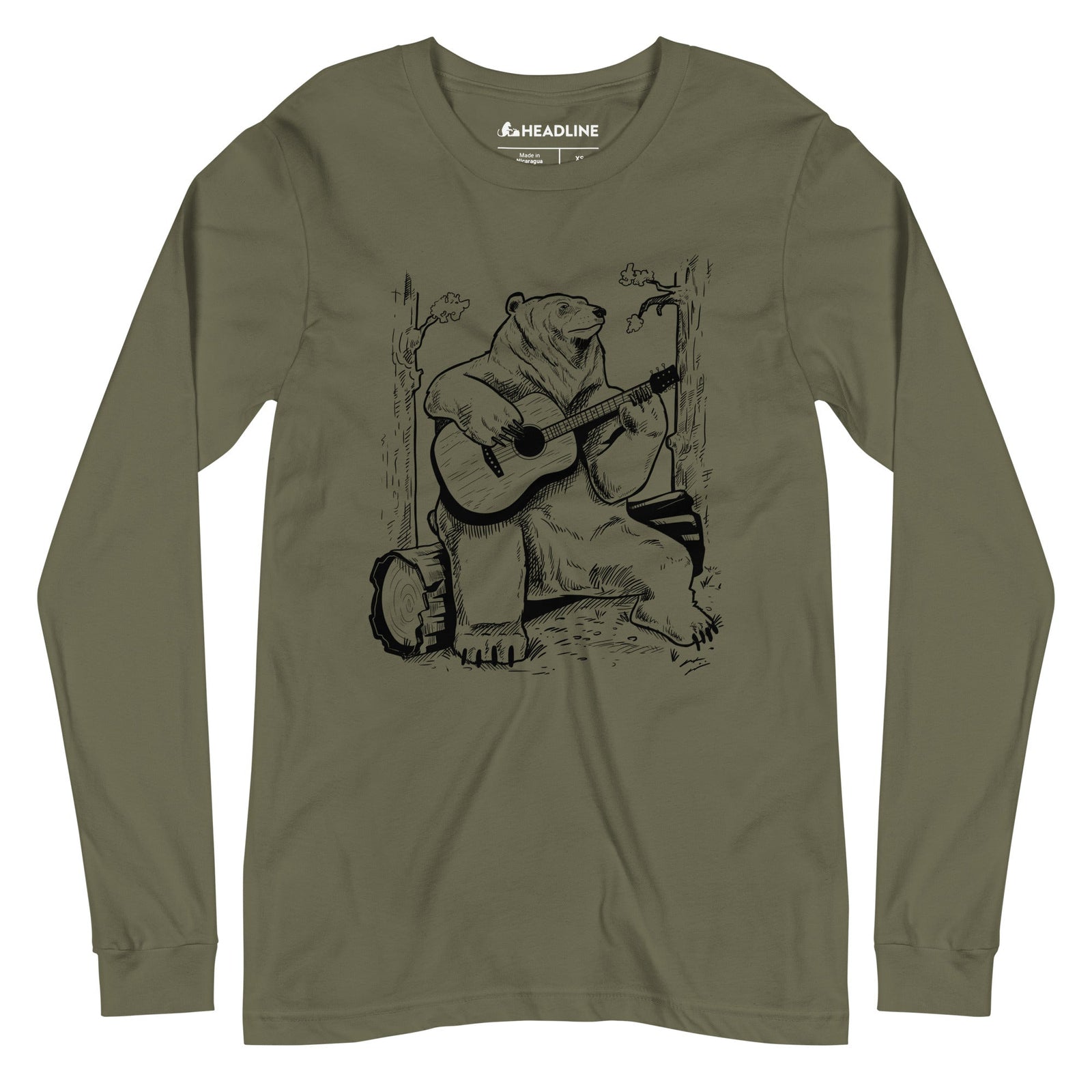 Acoustic Guitar Bear Cool Graphic Long Sleeve Tee | Designer Forest Log Camping Tee | Solid Threads