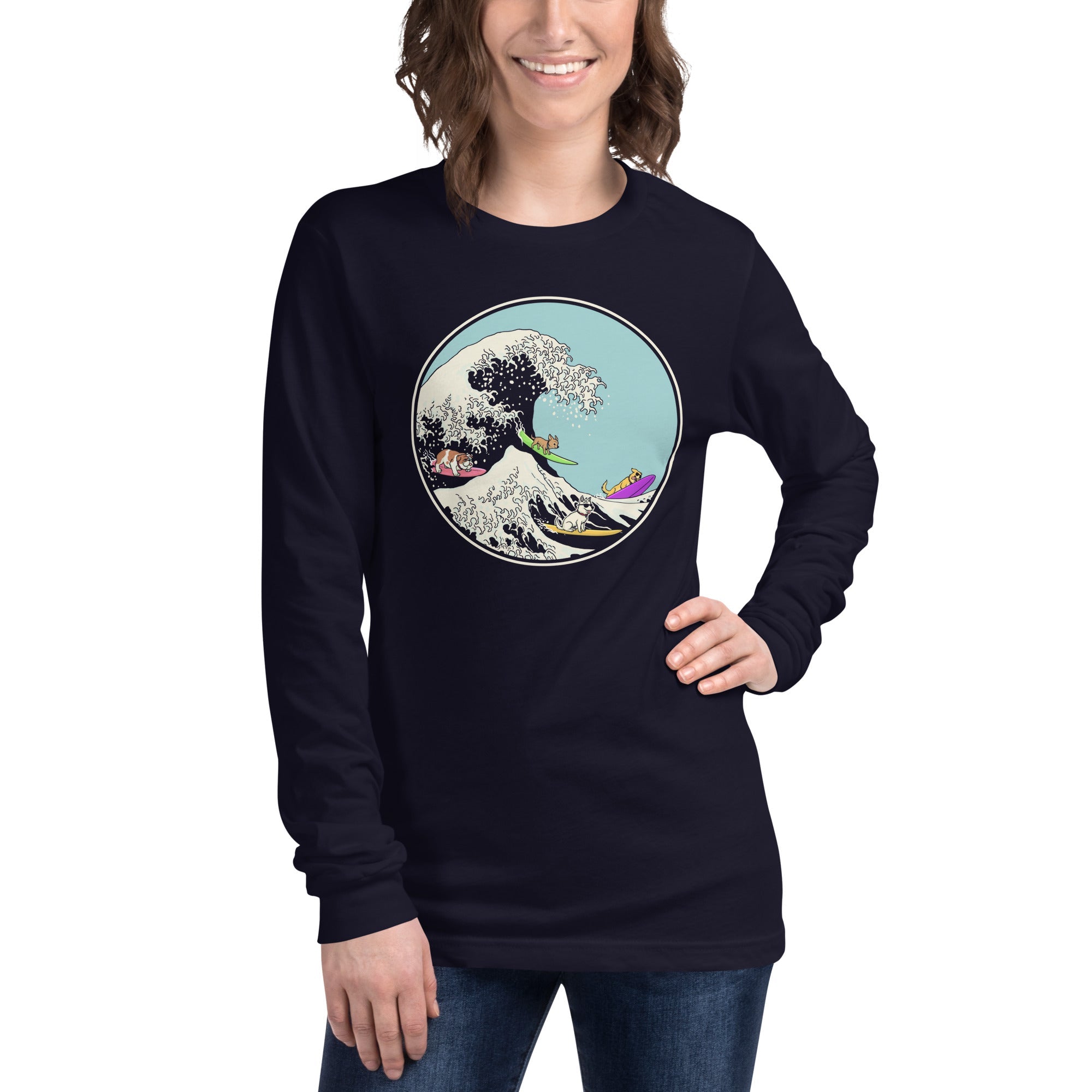 Dogs Ridin' The Wave Ocean Graphic Long Sleeve Tee | Cool Surfing Beach Tee On Model | Solid Threads