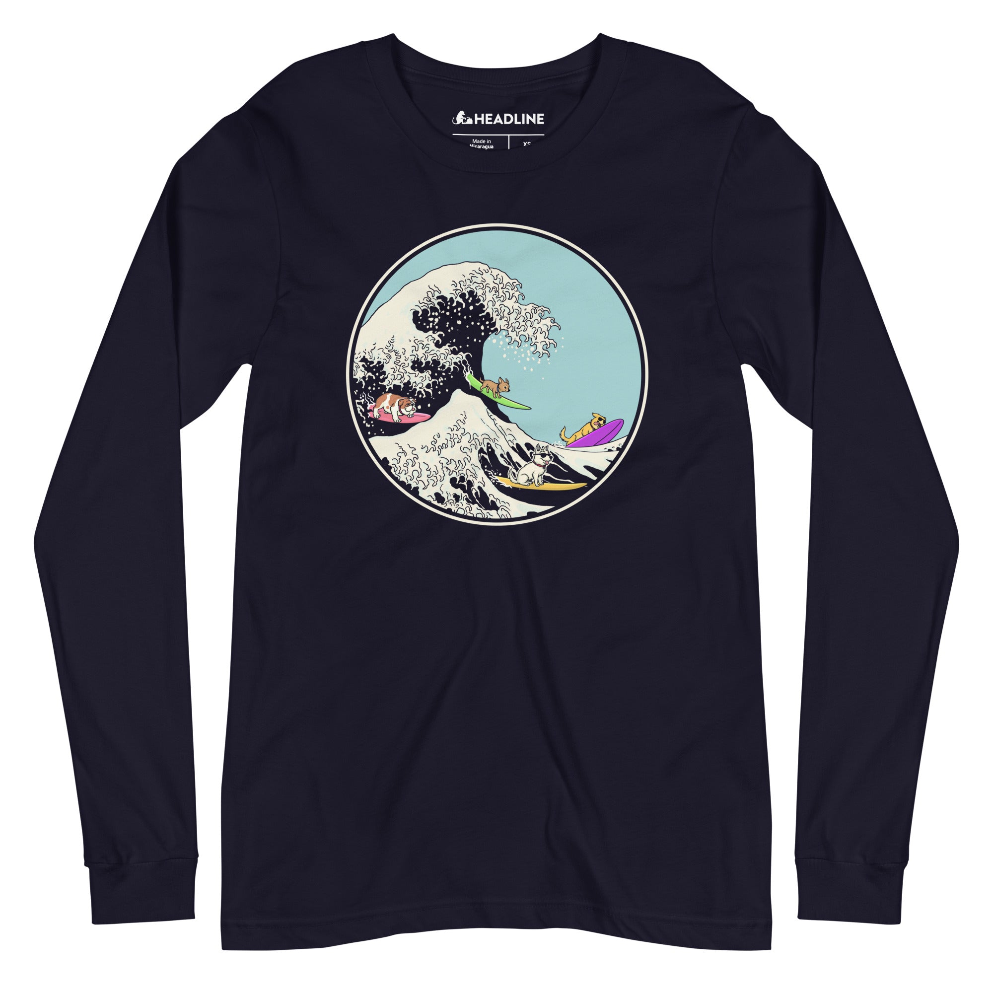 Dogs Ridin' The Wave Designer Graphic Long Sleeve Tee | Cool Surfing Ocean Beach Tee | Solid Threads