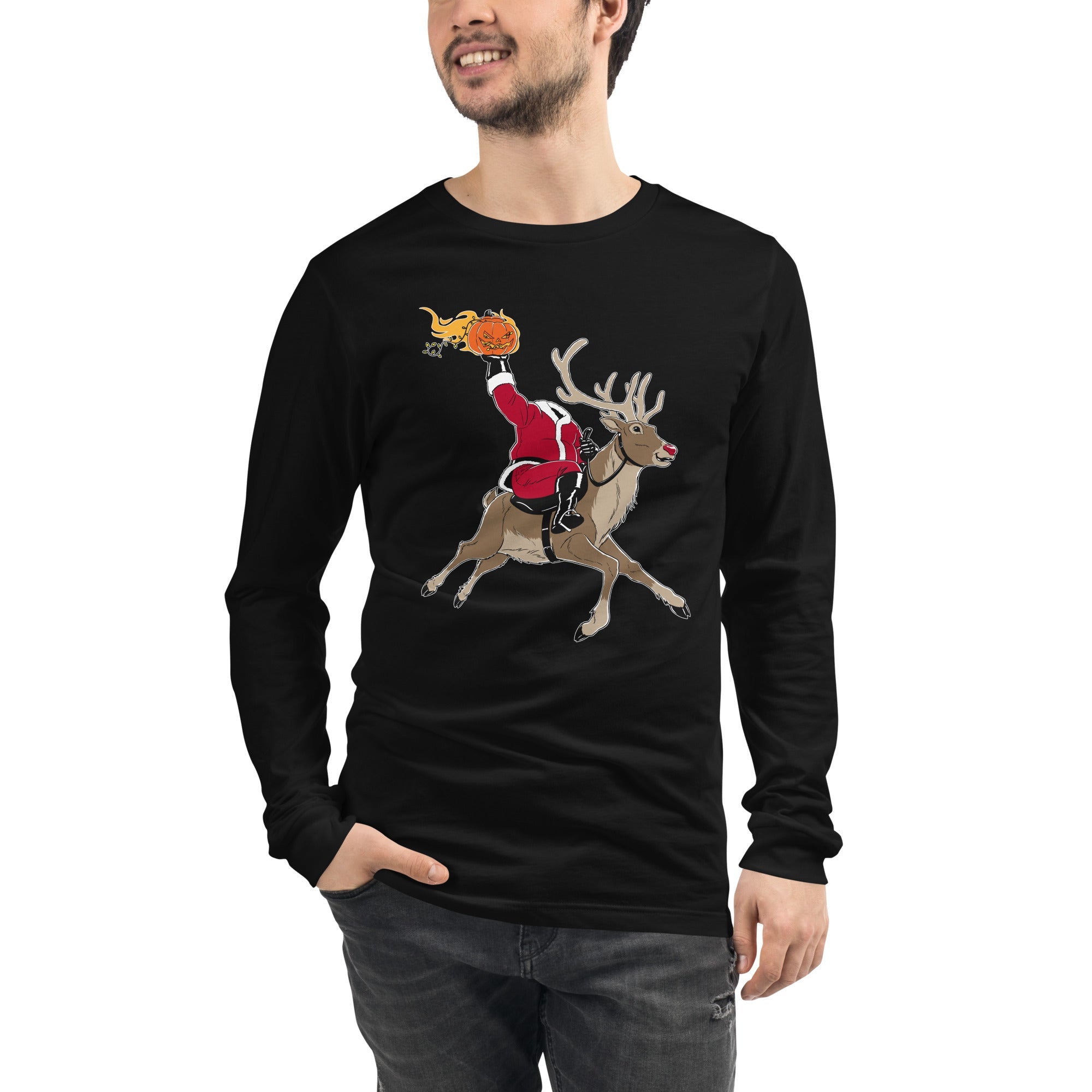 Men's Headless-Ho-Ho-Horseman Funny Graphic Long-Sleeve-T-Shirt | Cool Santa Halloween Pumpkin Tee on Model | Solid Threads