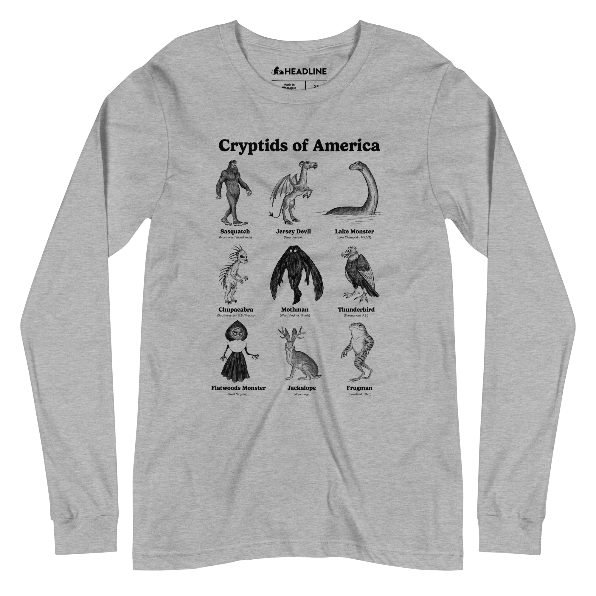 Cryptids Of America Cool Graphic Long Sleeve Tee | Designer Bigfoot Chart Monsters Tee | Solid Threads