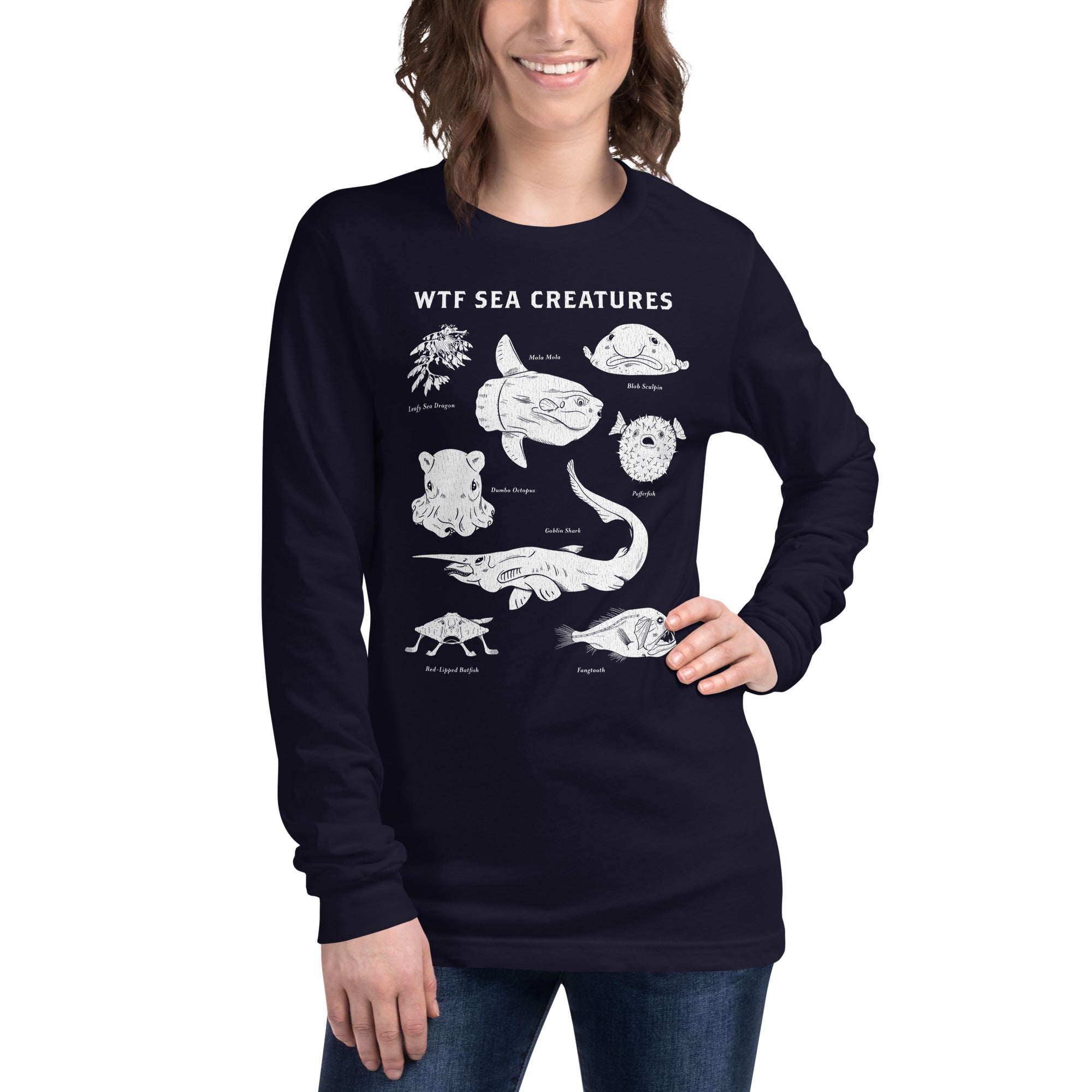 Wtf Sea Creatures Cool Graphic Long Sleeve Tee | Designer Blobfish Ocean Tee On Model | Solid Threads