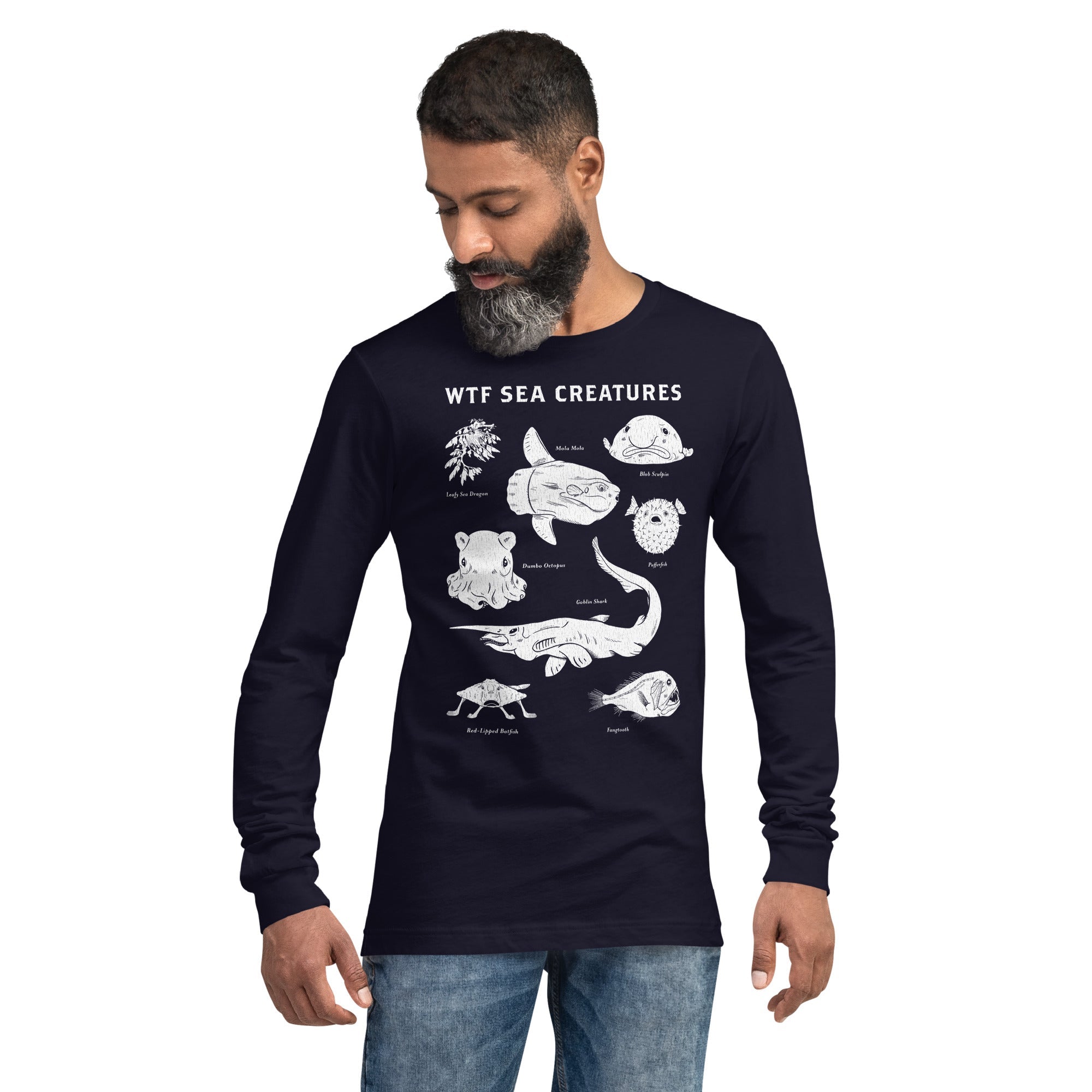 Wtf Sea Creatures Cool Graphic Long Sleeve Tee | Designer Blobfish Chart Ocean Tee | Solid Threads