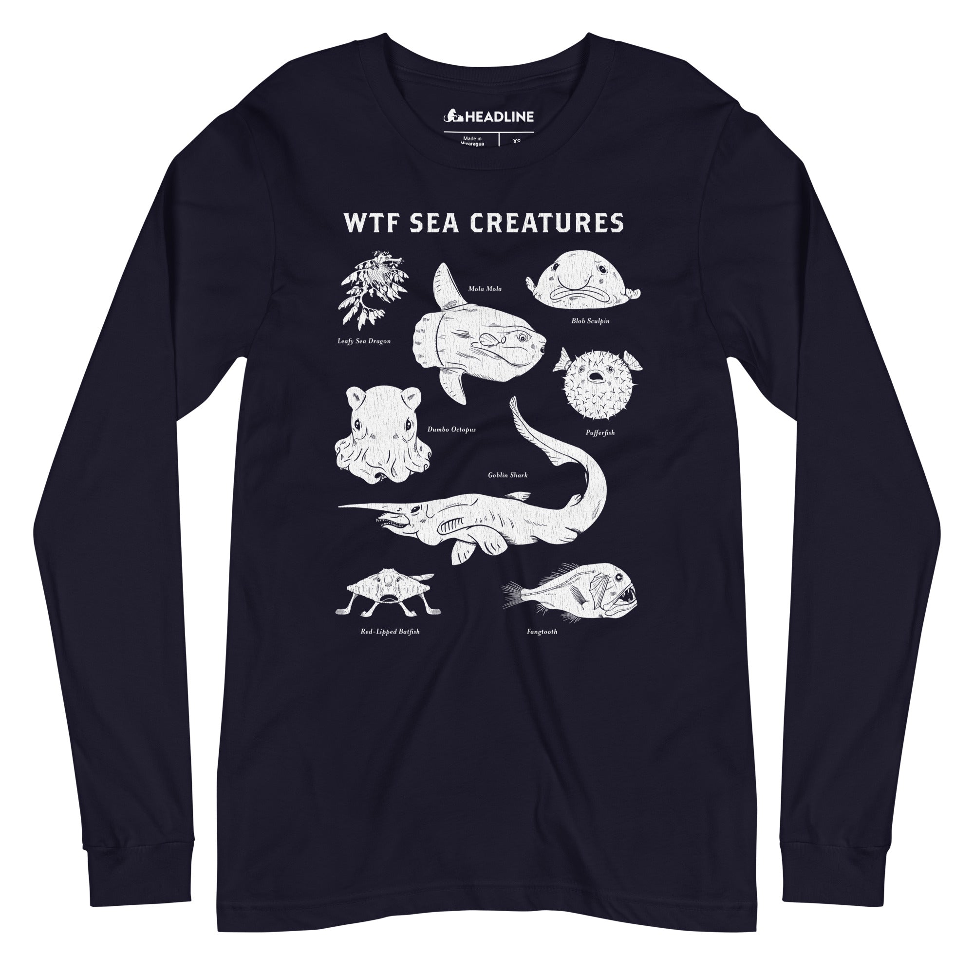 Wtf Sea Creatures Cool Graphic Long Sleeve Tee | Designer Blobfish Chart Ocean Tee | Solid Threads