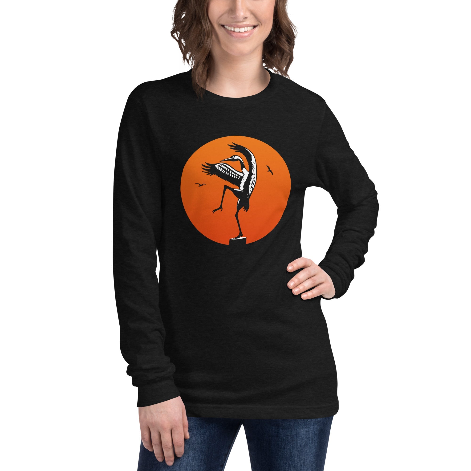 Crane Kick Designer Graphic Long Sleeve Tee | Funny Karate Beach Bird Tee On Model | Solid Threads