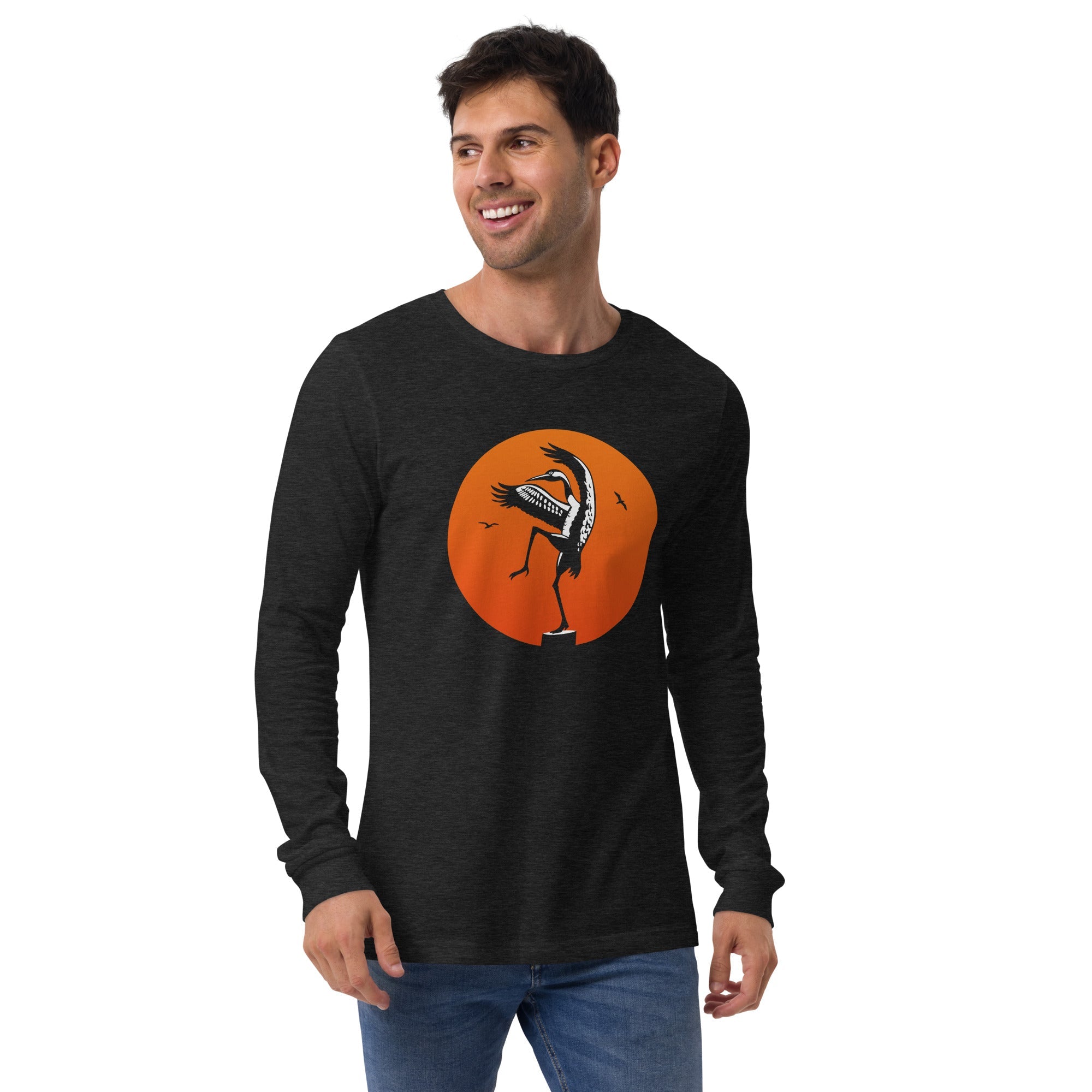 Crane Kick Designer Graphic Long Sleeve Tee | Funny Karate Beach Bird Tee On Model | Solid Threads