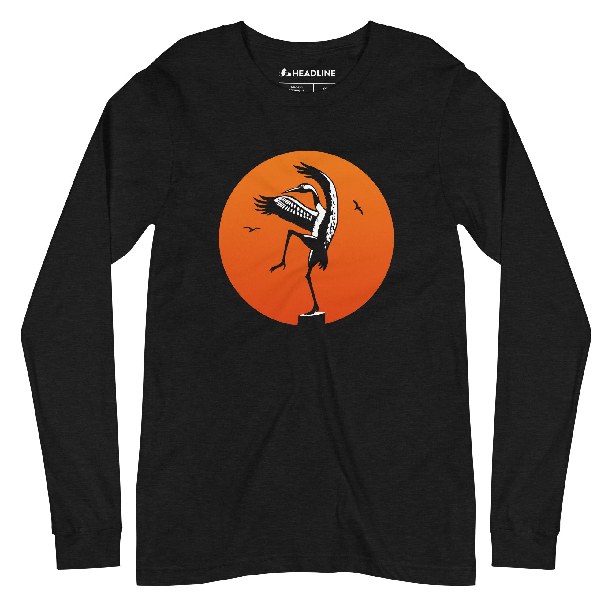 Crane Kick Designer Heron Graphic Long Sleeve Tee | Funny Karate Kick Beach Bird Tee | Solid Threads