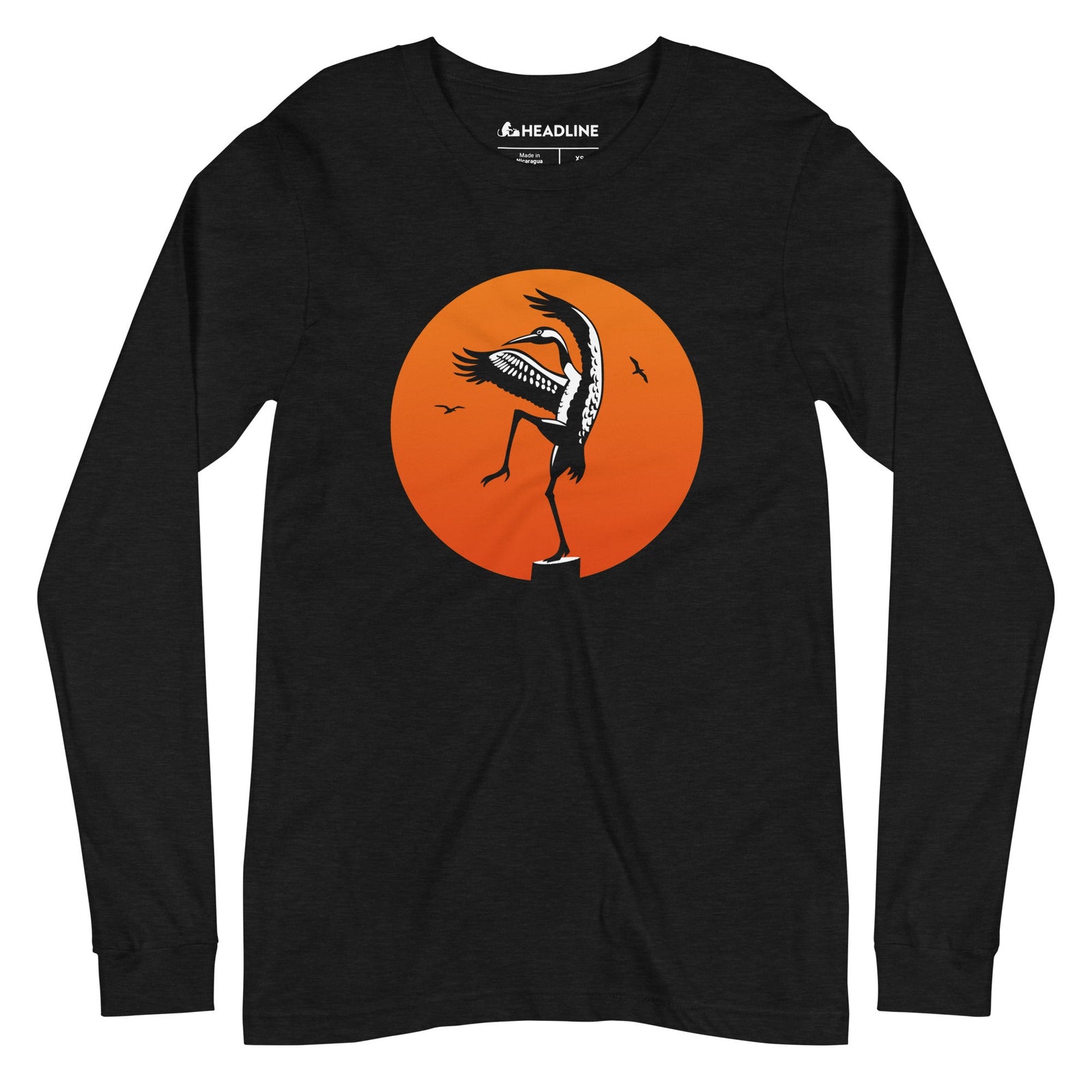 Crane Kick Designer Heron Graphic Long Sleeve Tee | Funny Karate Kick Beach Bird Tee | Solid Threads