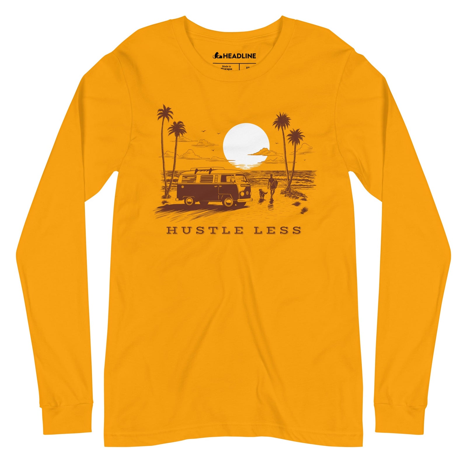 Hustle Less Vintage Surfing Van Life Graphic Long Sleeve Tee | Designer Hippie Tee | Solid Threads