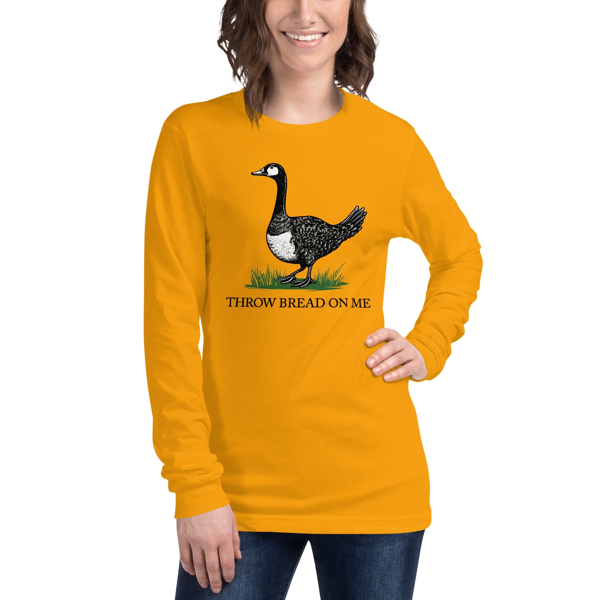 Throw Bread On Me Cool Graphic Long Sleeve Tee | Funny Goose Tread on Me Tee on Model | Solid Threads