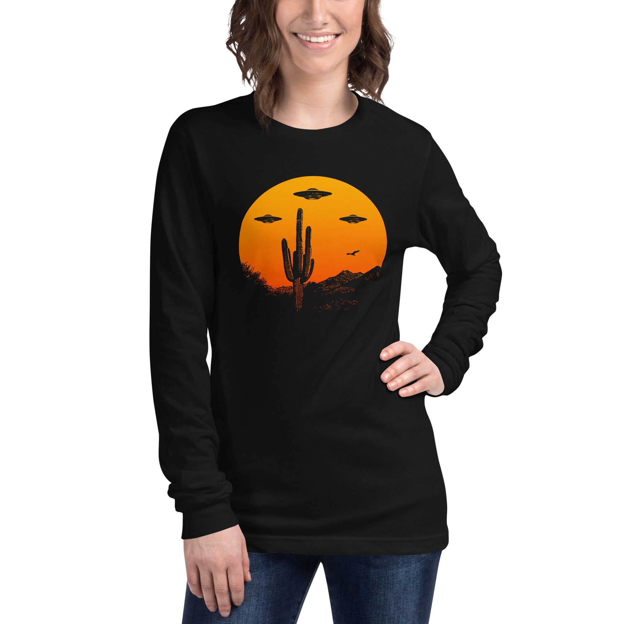 Ufo Country Designer Graphic Long Sleeve Tee | Vintage Artsy Alien Desert Cactus Tee on Model | Solid Threads