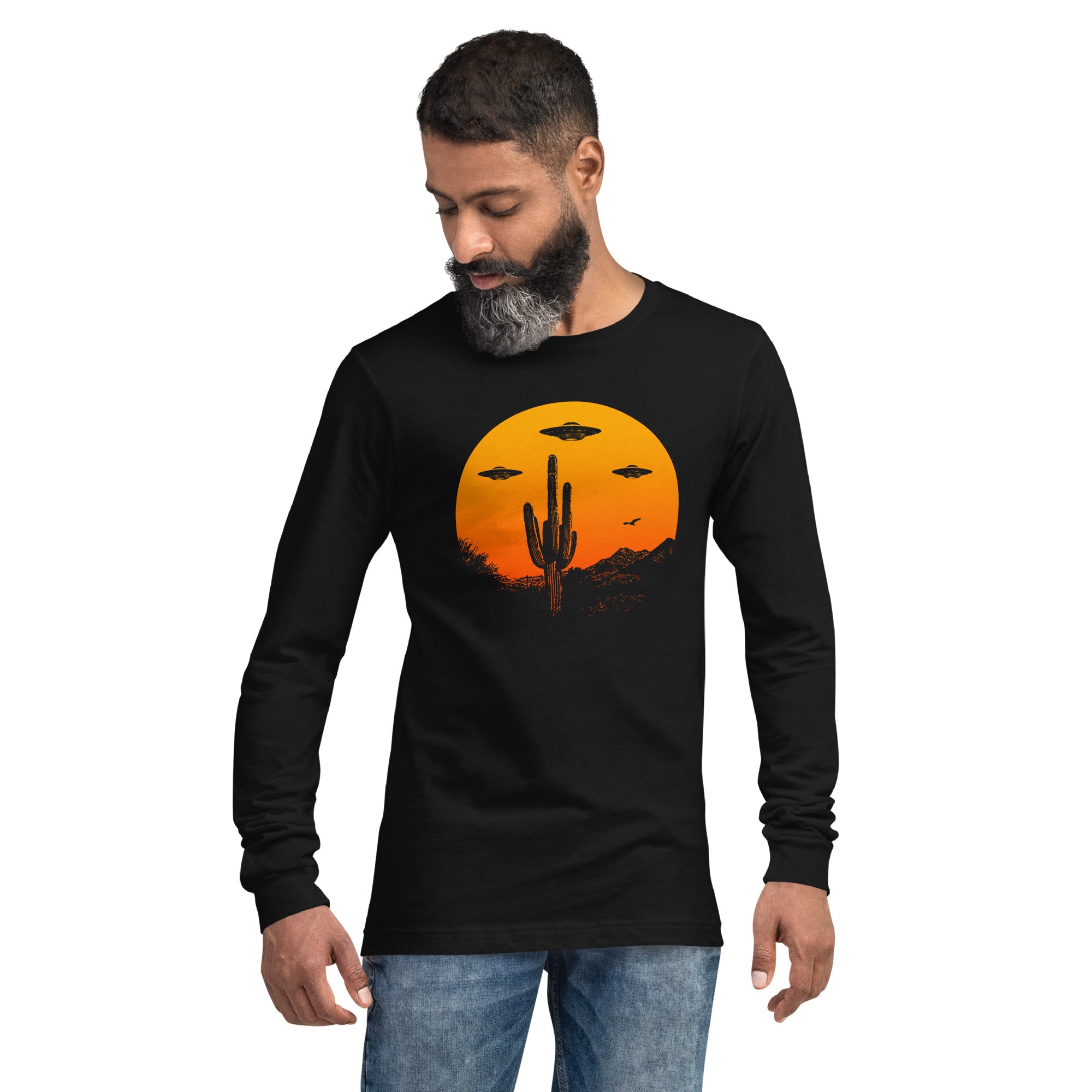 Ufo Country Designer Graphic Long Sleeve Tee | Vintage Artsy Alien Desert Cactus Tee | Solid Threads