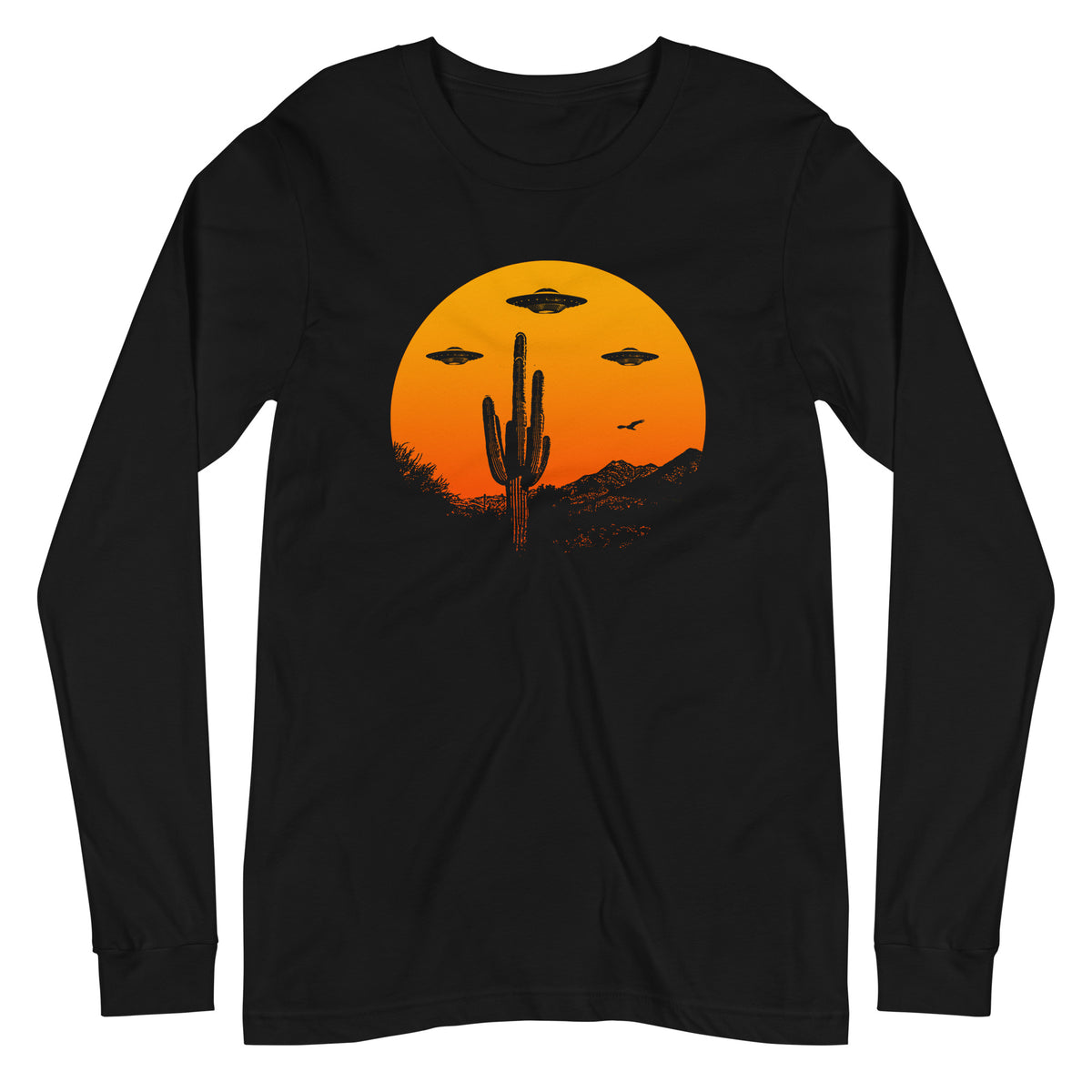 Ufo Country Designer Graphic Long Sleeve Tee | Vintage Artsy Alien Desert Cactus Tee | Solid Threads