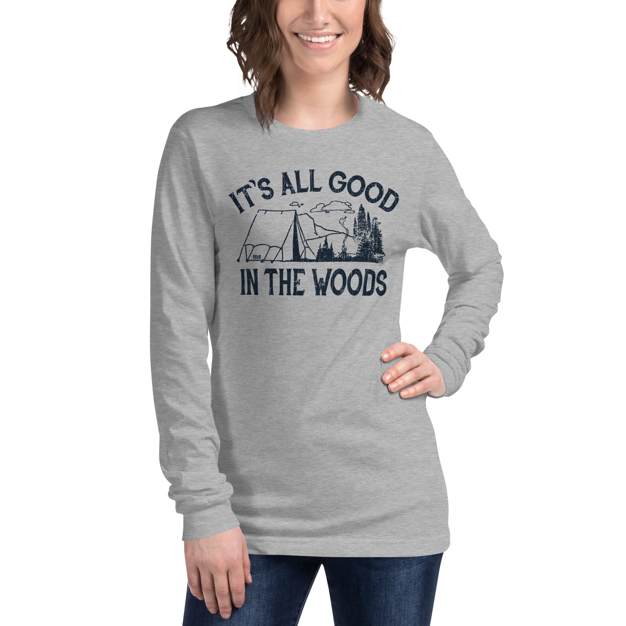 All Good In The Woods Funny Hiking Long Sleeve Tee | Retro Nature T shirt on Model | SOLID THREADS