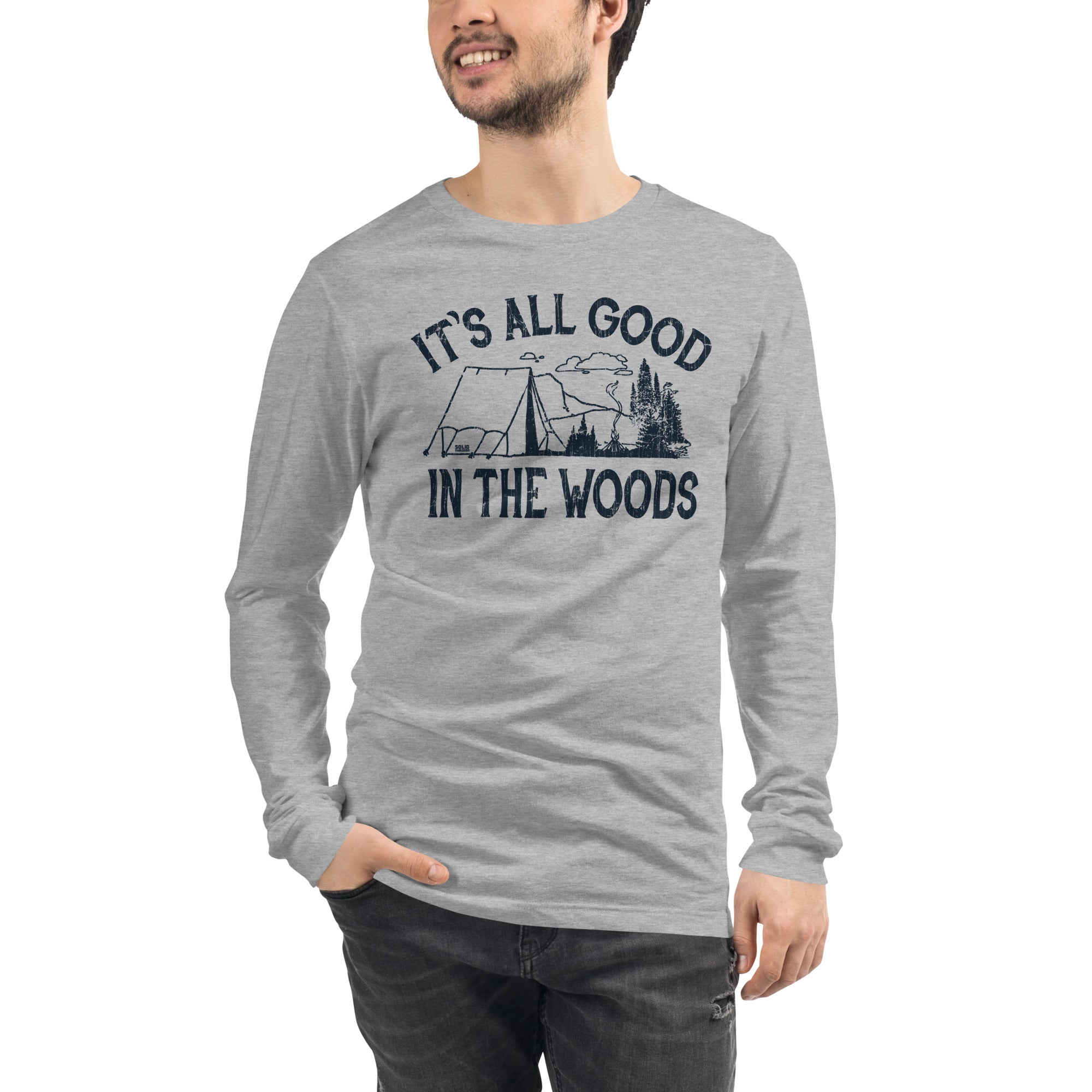 All Good In The Woods Funny Hiking Long Sleeve Tee | Retro Nature T shirt on Model | SOLID THREADS