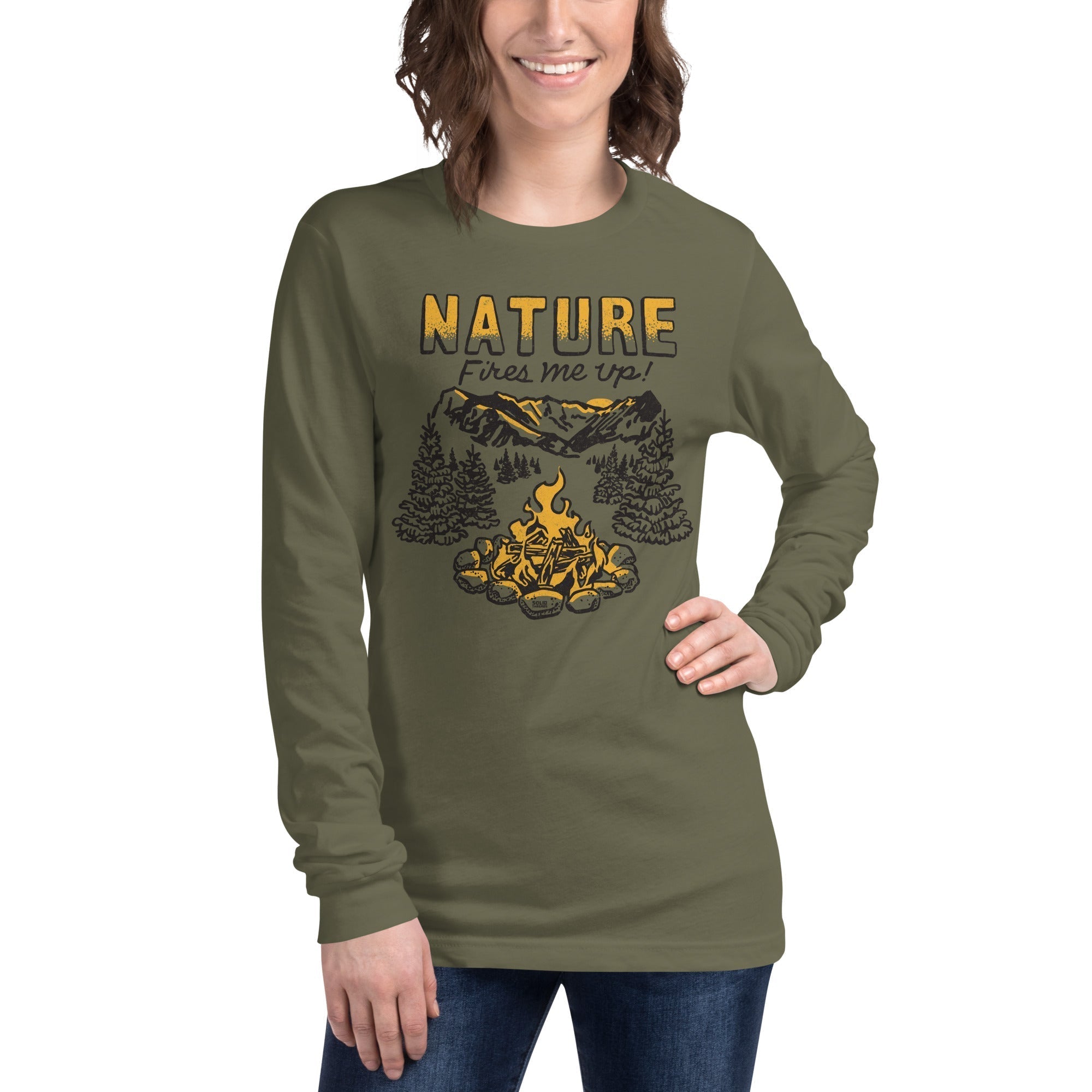 Unisex Nature Fires Me Up Vintage Long Sleeve T Shirt | Funny Camping Graphic Tee on Model | Solid Threads