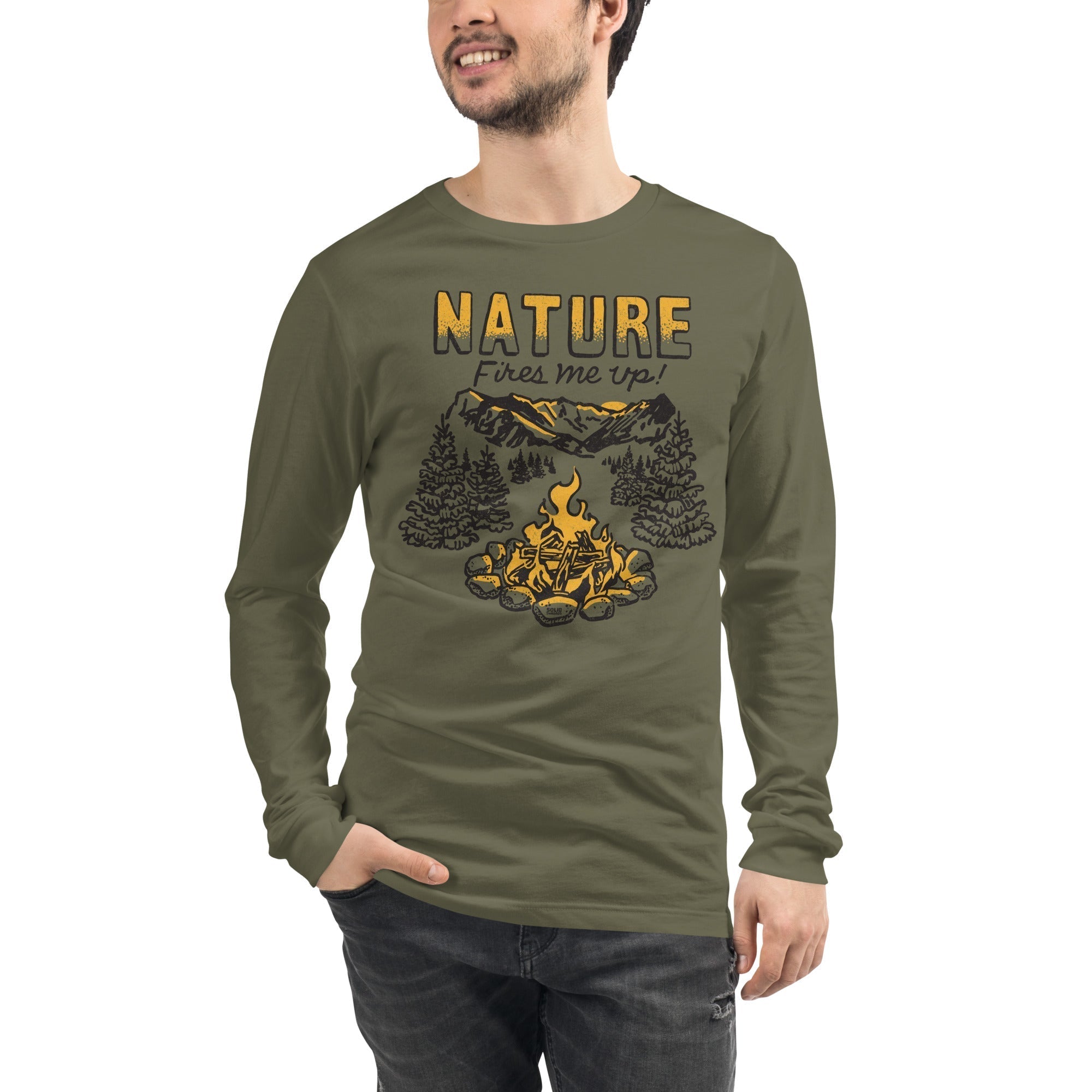 Unisex Nature Fires Me Up Vintage Long Sleeve T Shirt | Funny Camping Graphic Tee on Model | Solid Threads