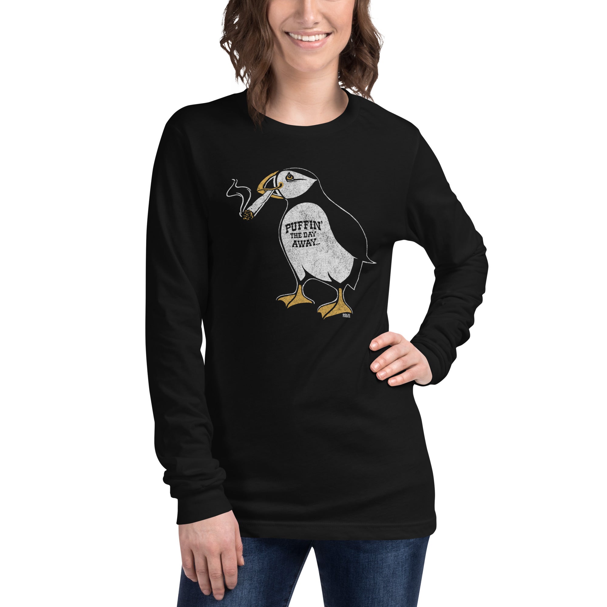 Puffin Away Vintage Long Sleeve T Shirt | Funny Marijuana Graphic Tee on Model | Solid Threads