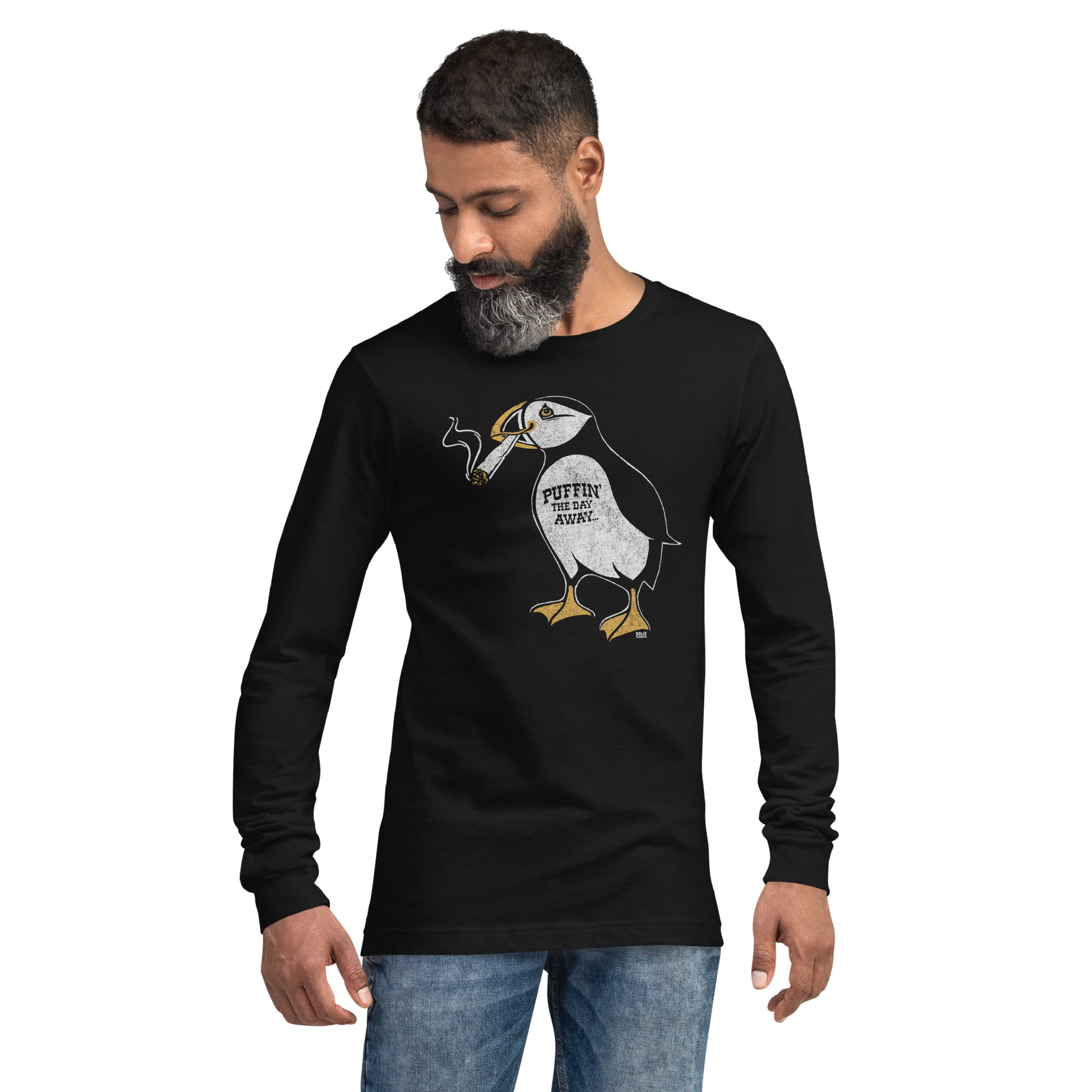 Unisex Puffin Away Vintage Long Sleeve T Shirt | Funny Marijuana Graphic Tee on Model | Solid Threads