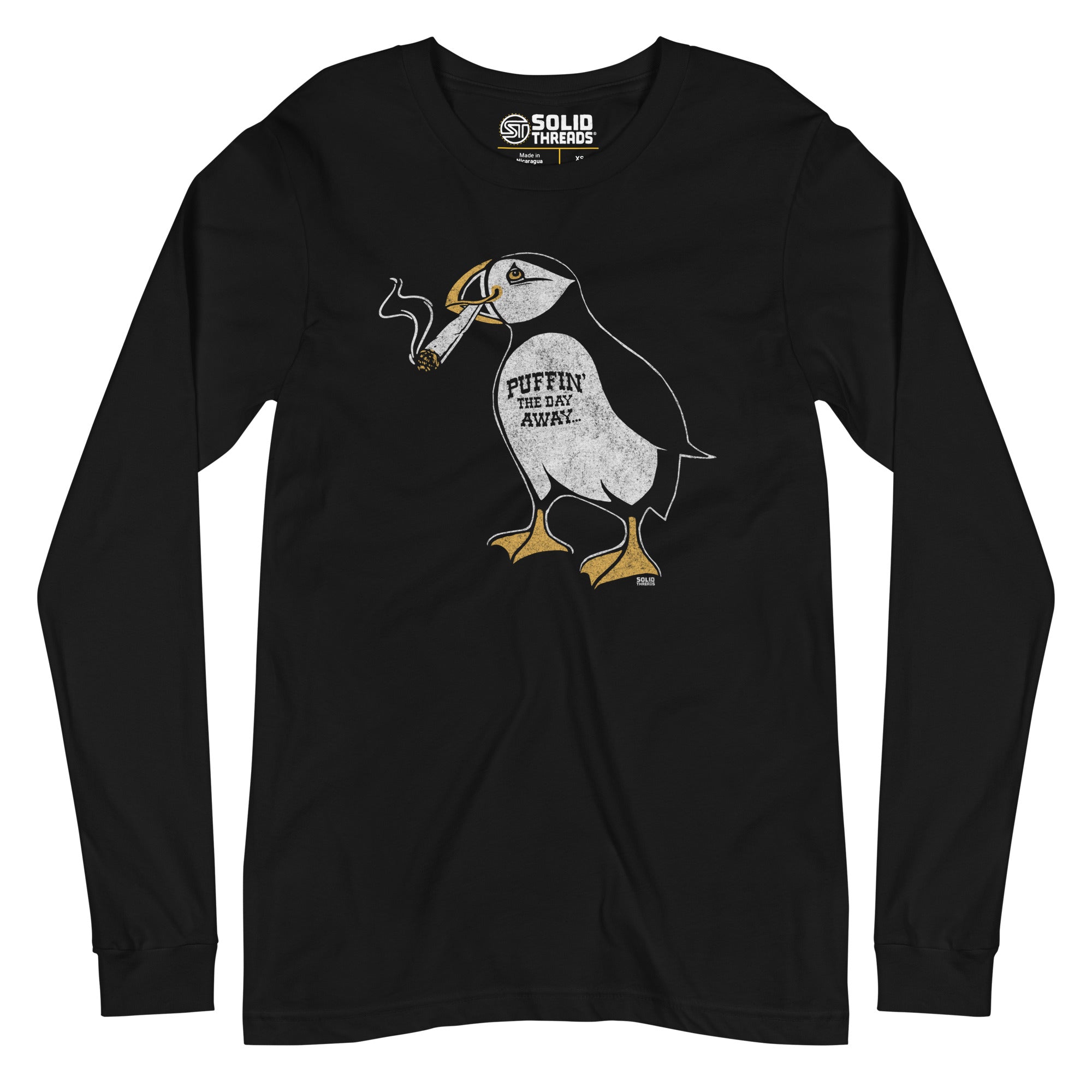 Unisex Puffin Away Vintage Long Sleeve T Shirt | Funny Marijuana Graphic Tee | Solid Threads