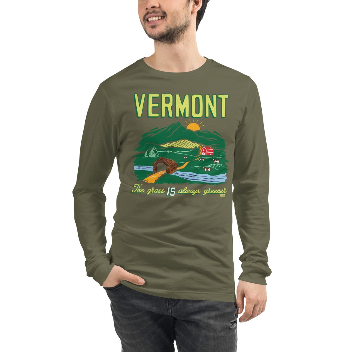 Vermont The Grass Is Always Greener Cool Long Sleeve T Shirt | Vintage Green Mountains Graphic Tee on Model | Solid Threads