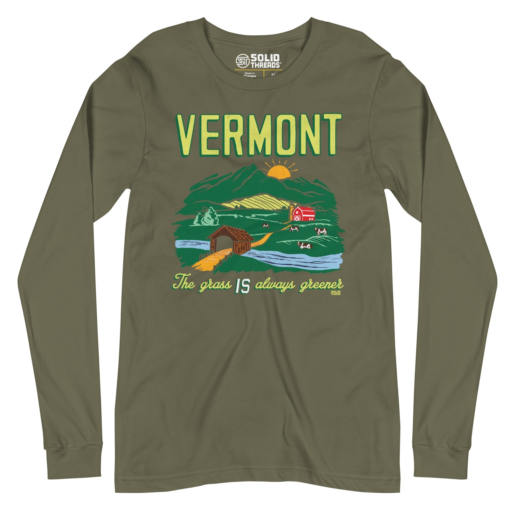 Unisex Vermont The Grass Is Always Greener Cool Long Sleeve T Shirt | Vintage Green Mountains Graphic Tee | Solid Threads