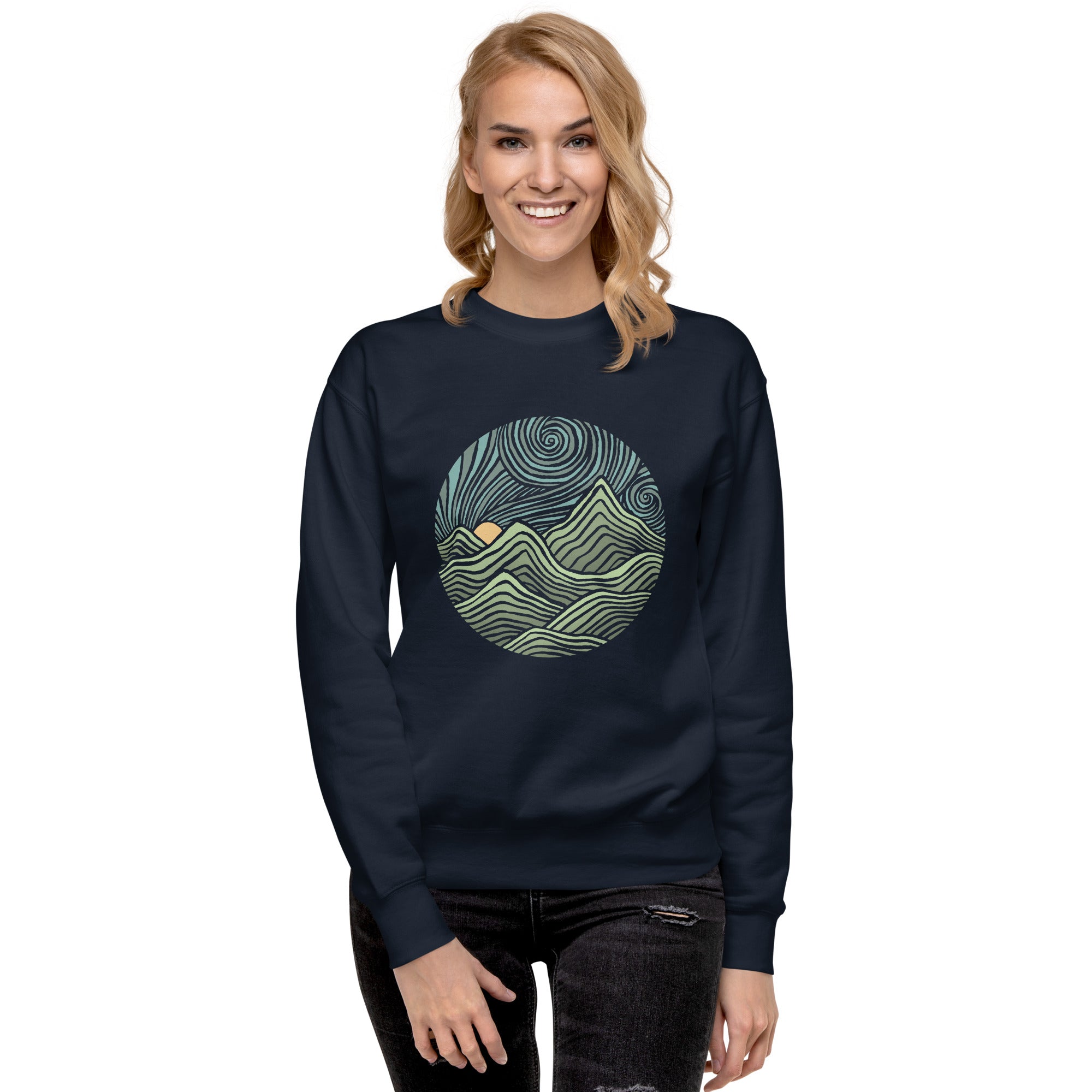 Swirly Mountains | Design By Dylan Fant Cool Classic Sweatshirt | Vintage Nature Fleece On Model | Solid Threads