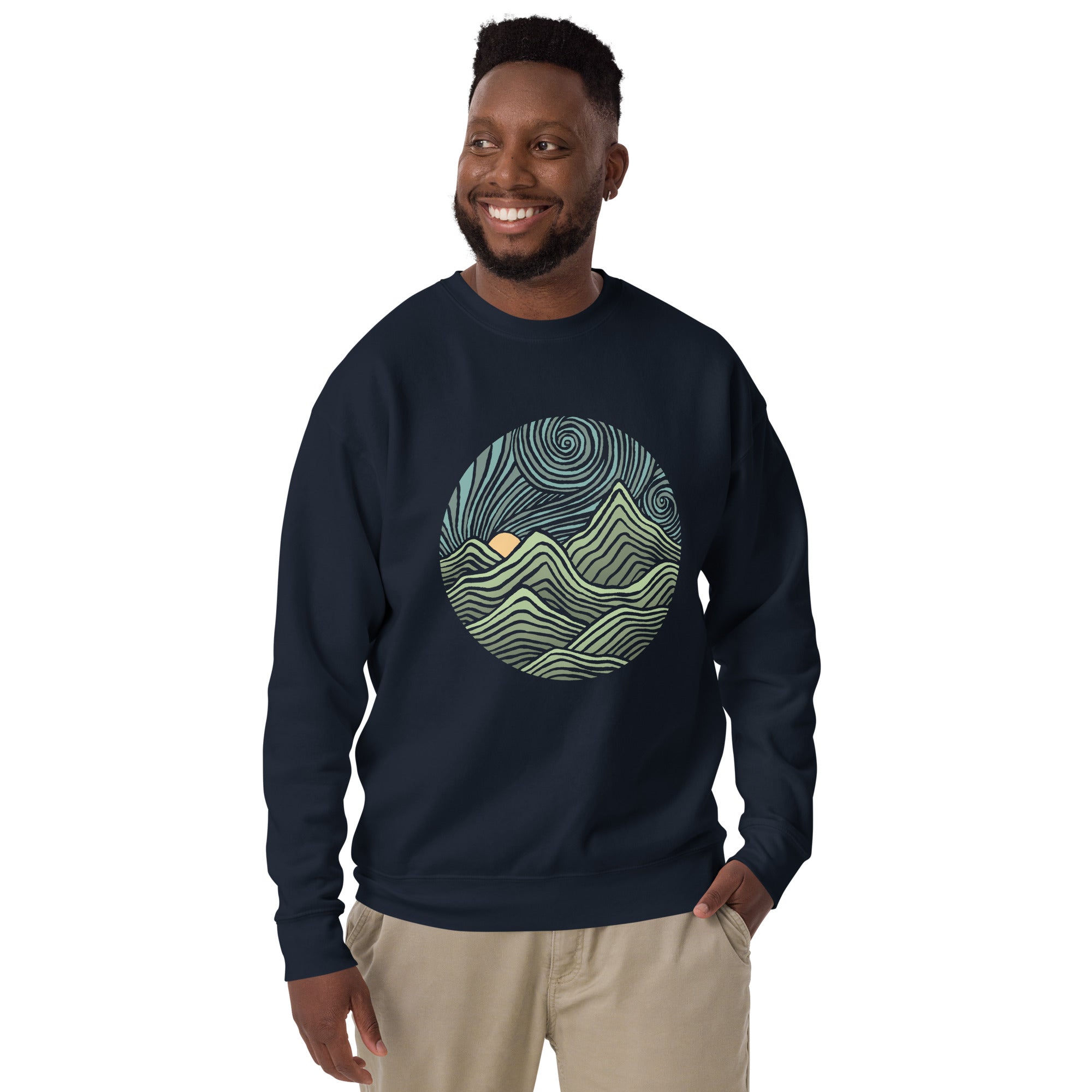 Unisex Swirly Mountains | Design By Dylan Fant Cool Classic Sweatshirt | Vintage Nature Fleece On Model | Solid Threads