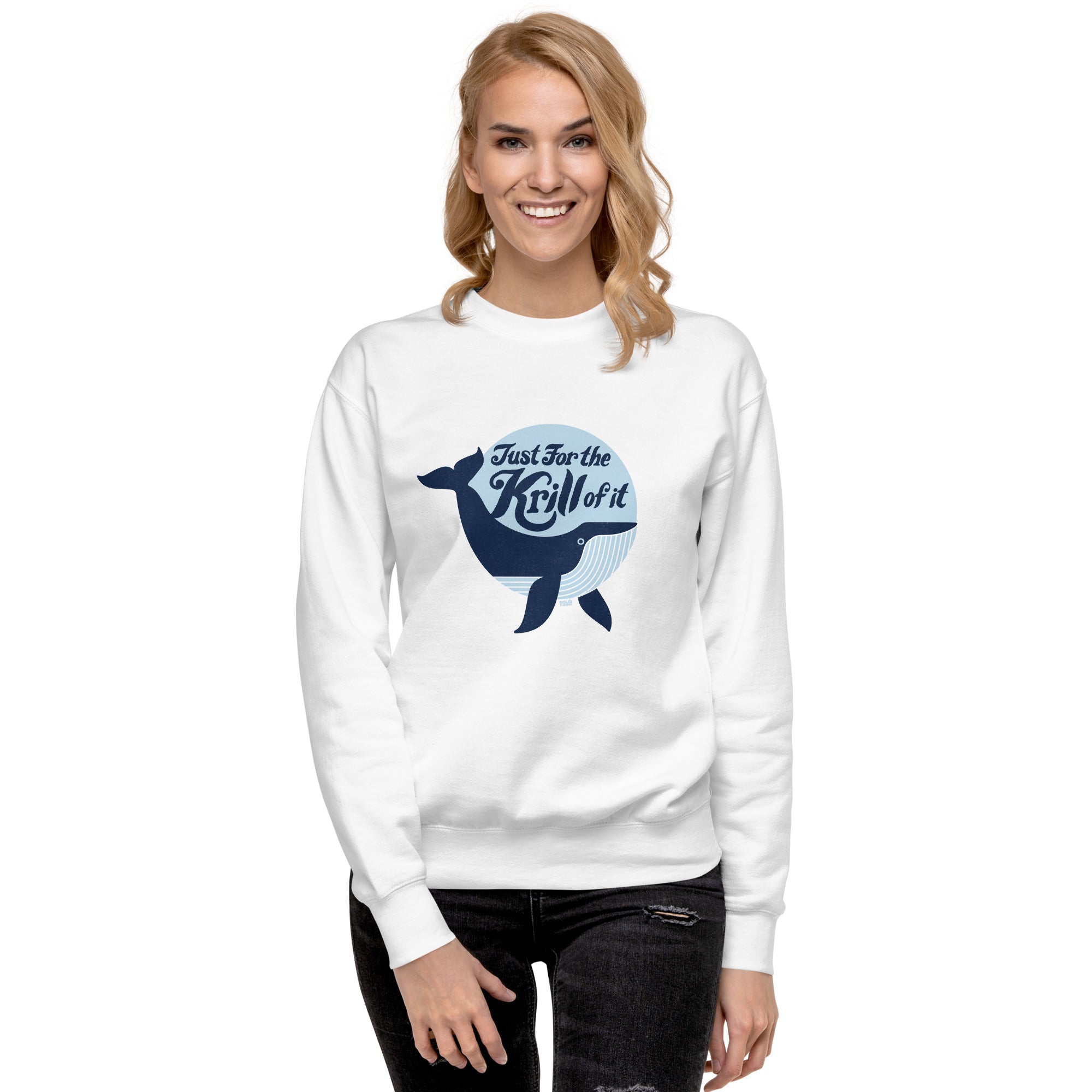 Unisex Just For The Krill Of It Retro Classic Sweatshirt | Funny Whale Fleece on Model | Solid Threads