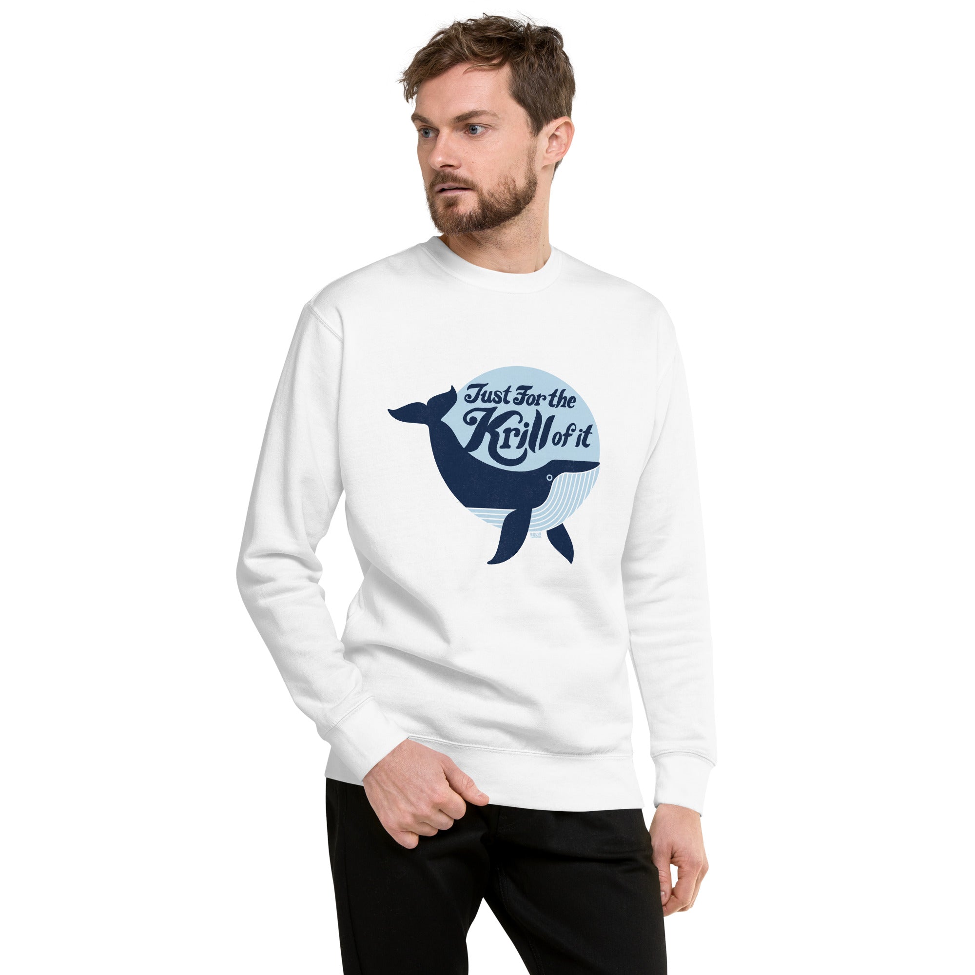 Unisex Just For The Krill Of It Retro Classic Sweatshirt | Funny Whale Fleece on Model | Solid Threads