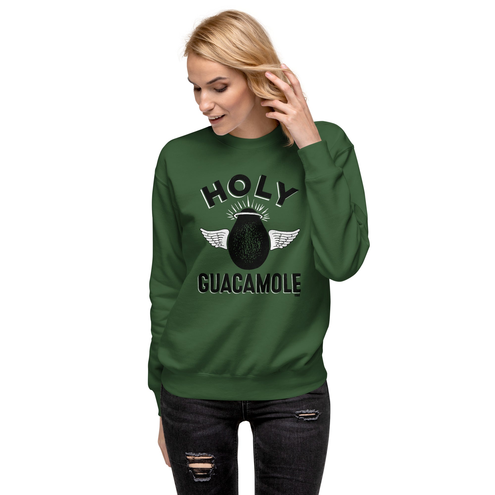 Holy Guacamole Vintage Classic Sweatshirt | Funny Avocado Fleece on Model | Solid Threads