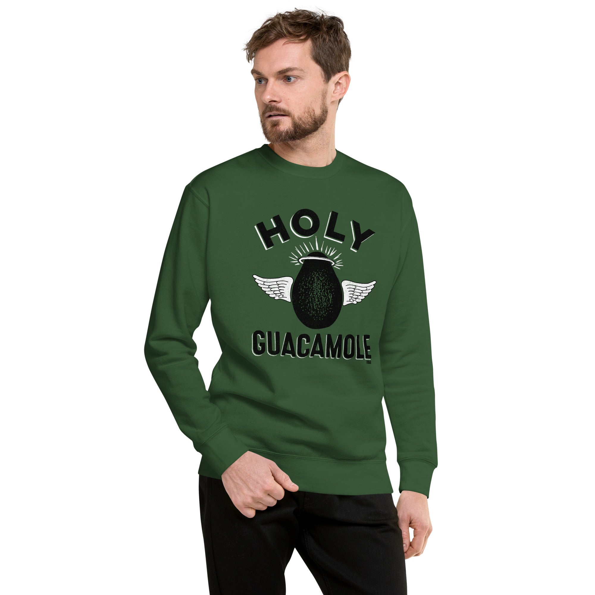 Unisex Holy Guacamole Vintage Classic Sweatshirt | Funny Avocado Fleece on Model | Solid Threads