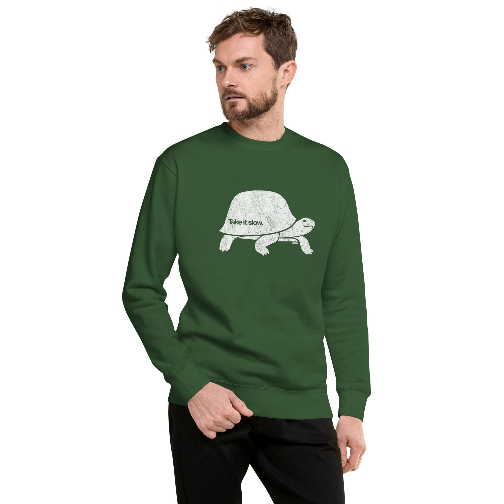 Women's Take It Slow Vintage Classic Sweatshirt | Cool Turtle Fleece On Model | Solid Threads