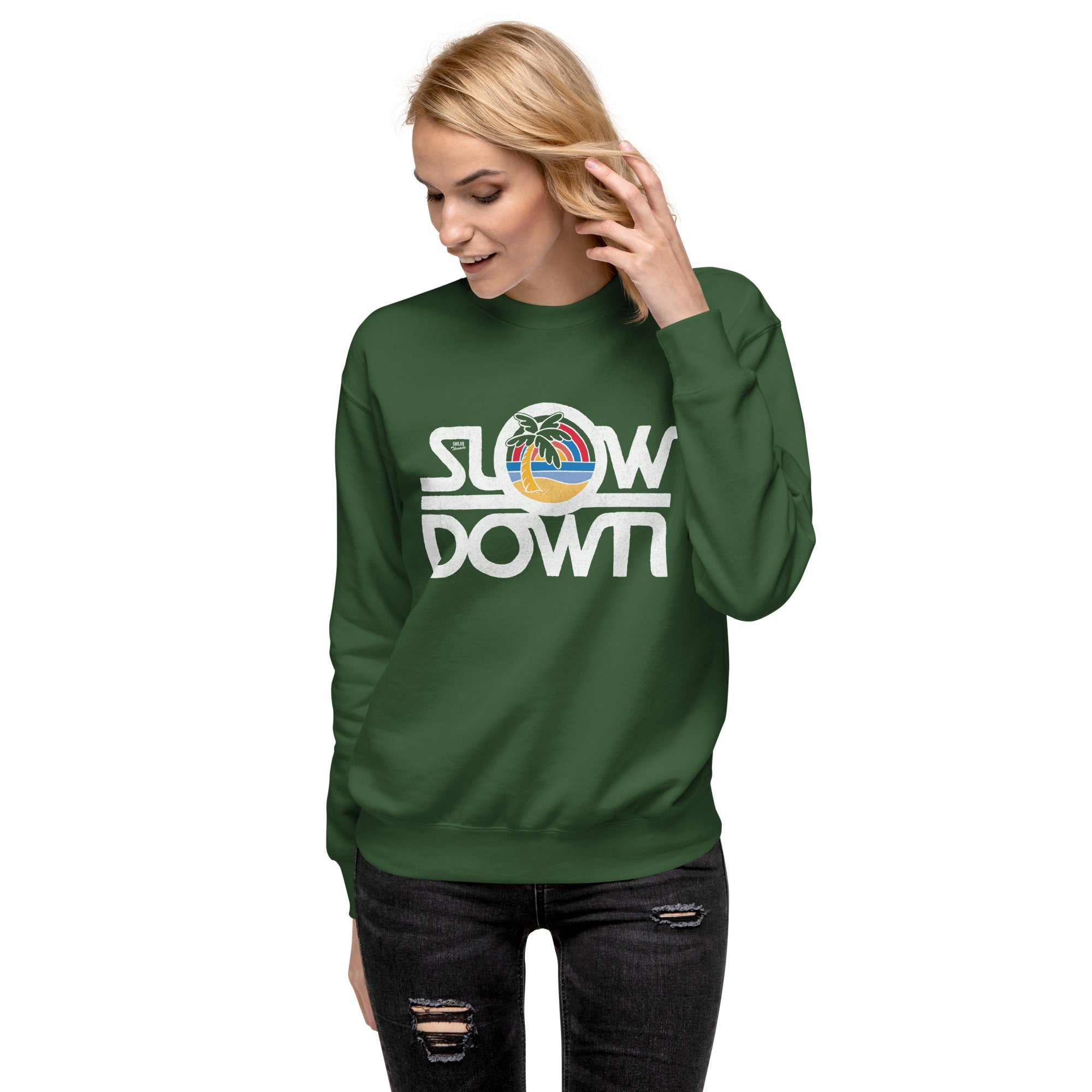 Women's Slow Down Vintage Classic Sweatshirt | Cool Tropical Beach Fleece On Model | Solid Threads